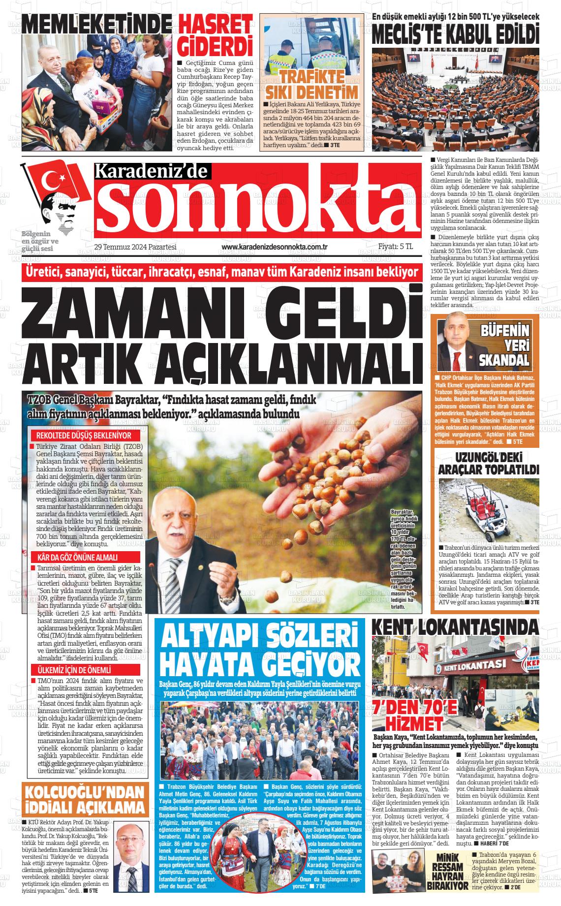 29 Temmuz 2024 Karadeniz'de Sonnokta Gazete Manşeti