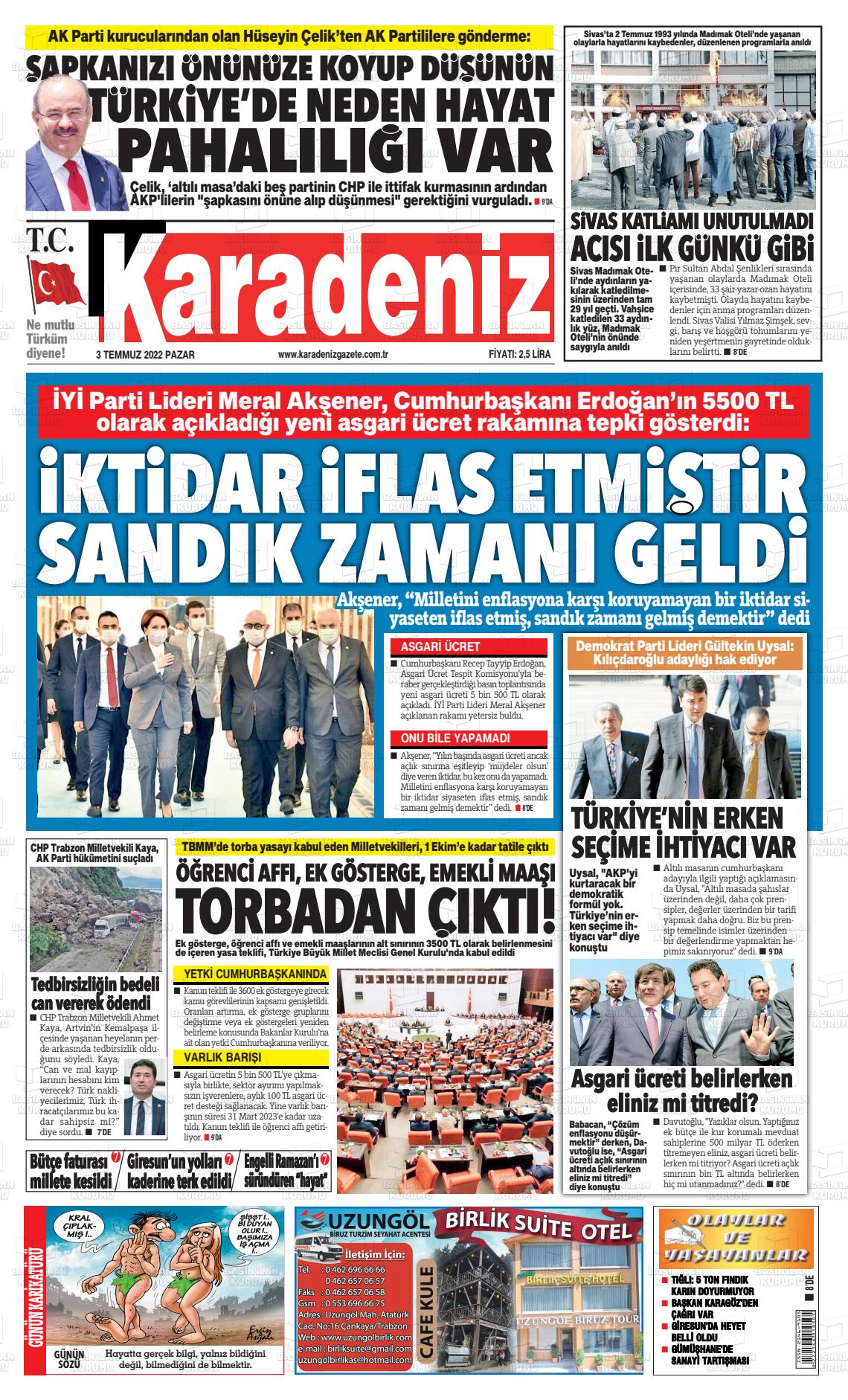 03 Temmuz 2022 Karadeniz Gazete Manşeti