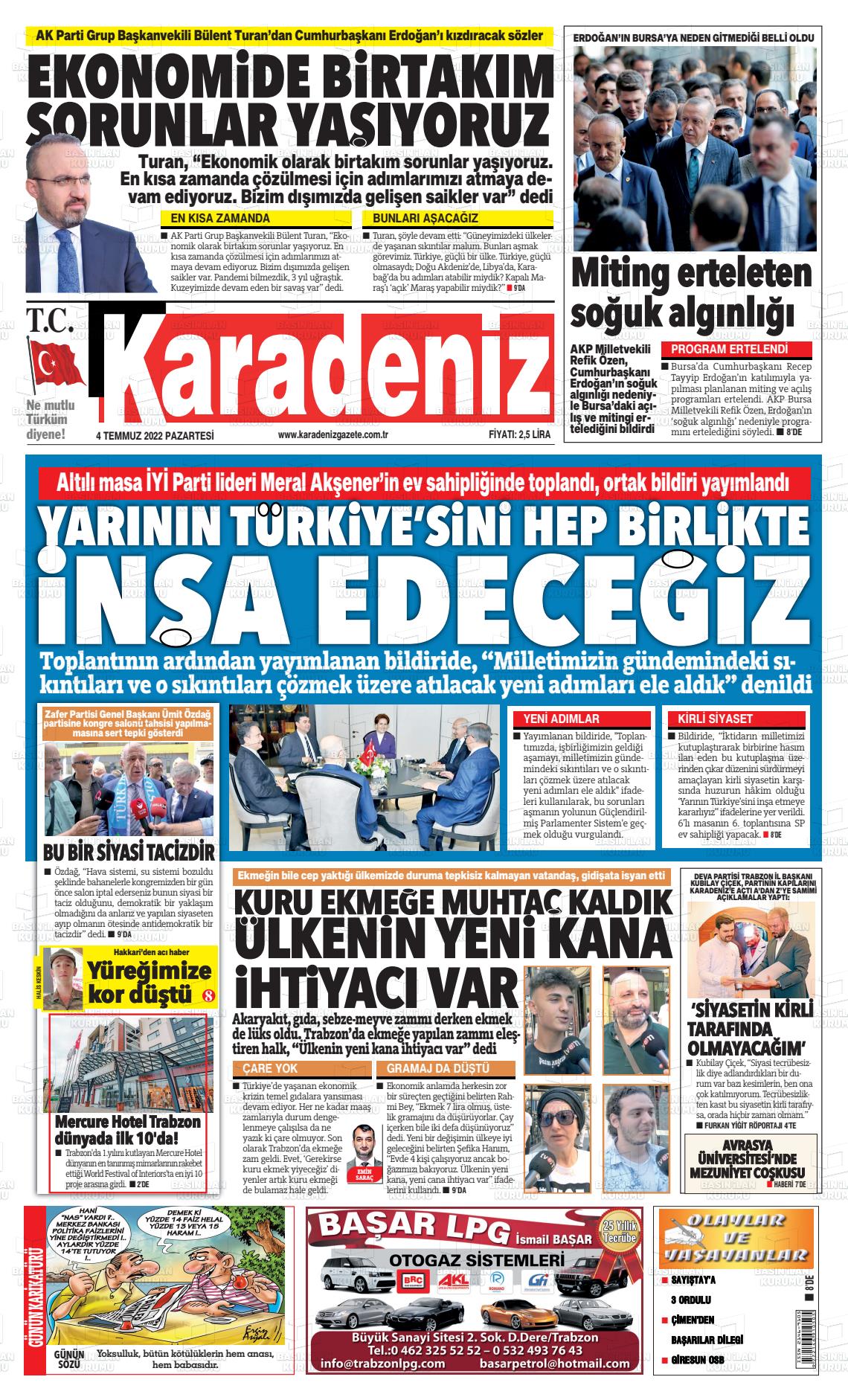 04 Temmuz 2022 Karadeniz Gazete Manşeti