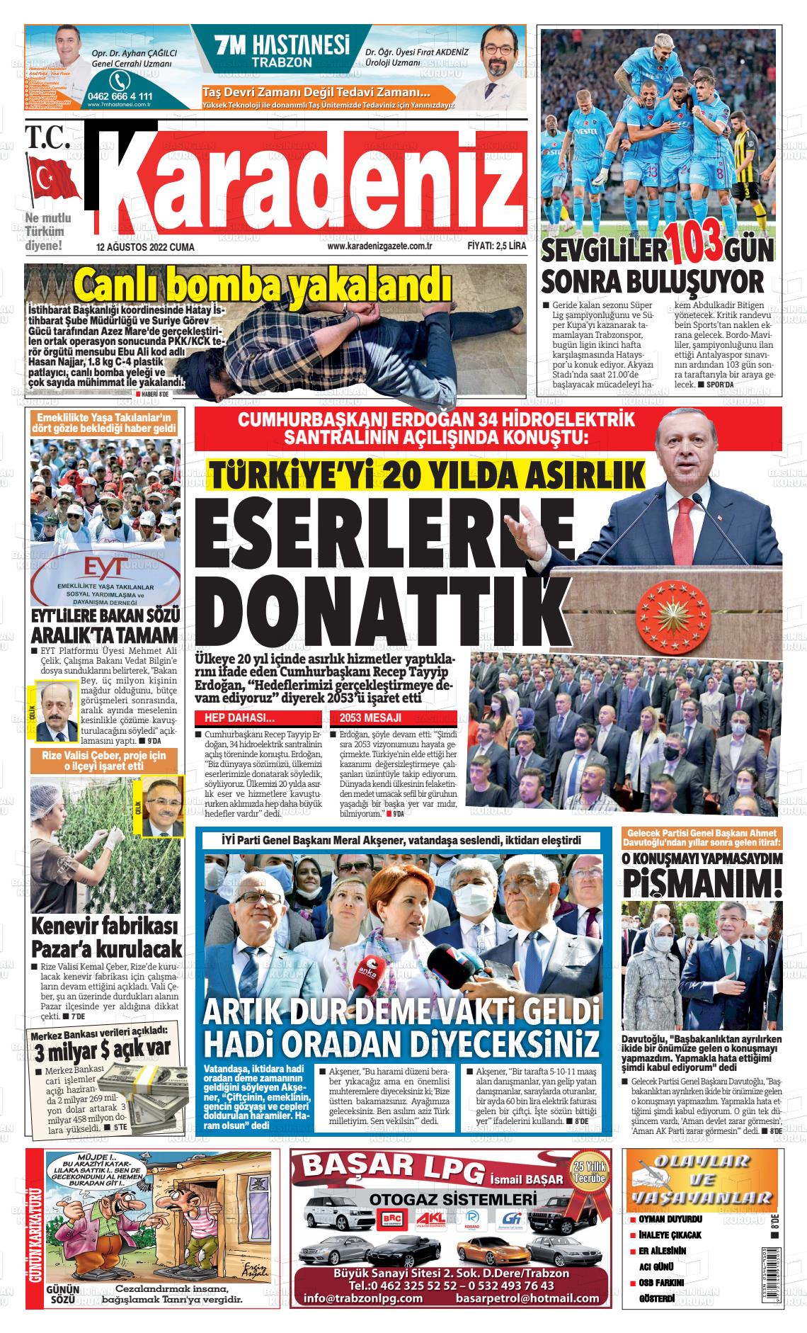 12 Ağustos 2022 Karadeniz Gazete Manşeti