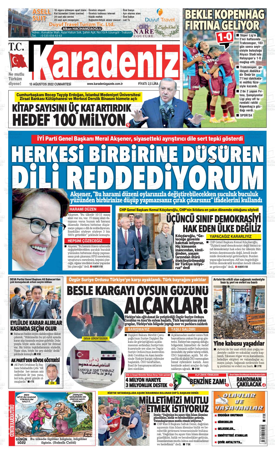 13 Ağustos 2022 Karadeniz Gazete Manşeti