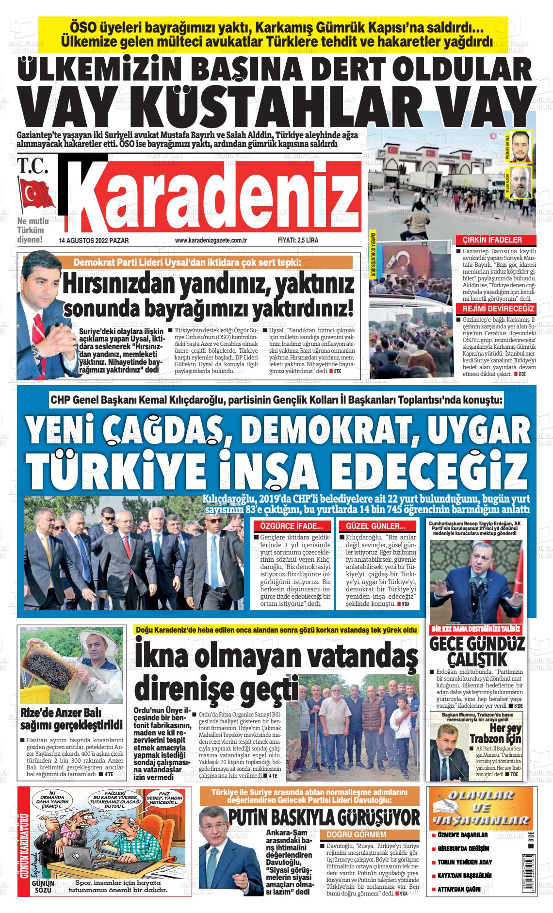 14 Ağustos 2022 Karadeniz Gazete Manşeti