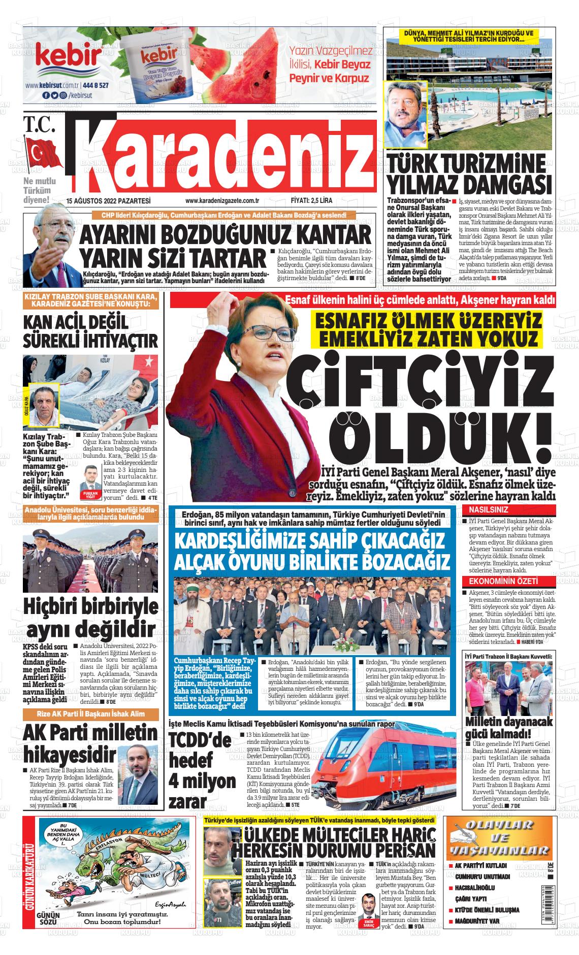 15 Ağustos 2022 Karadeniz Gazete Manşeti