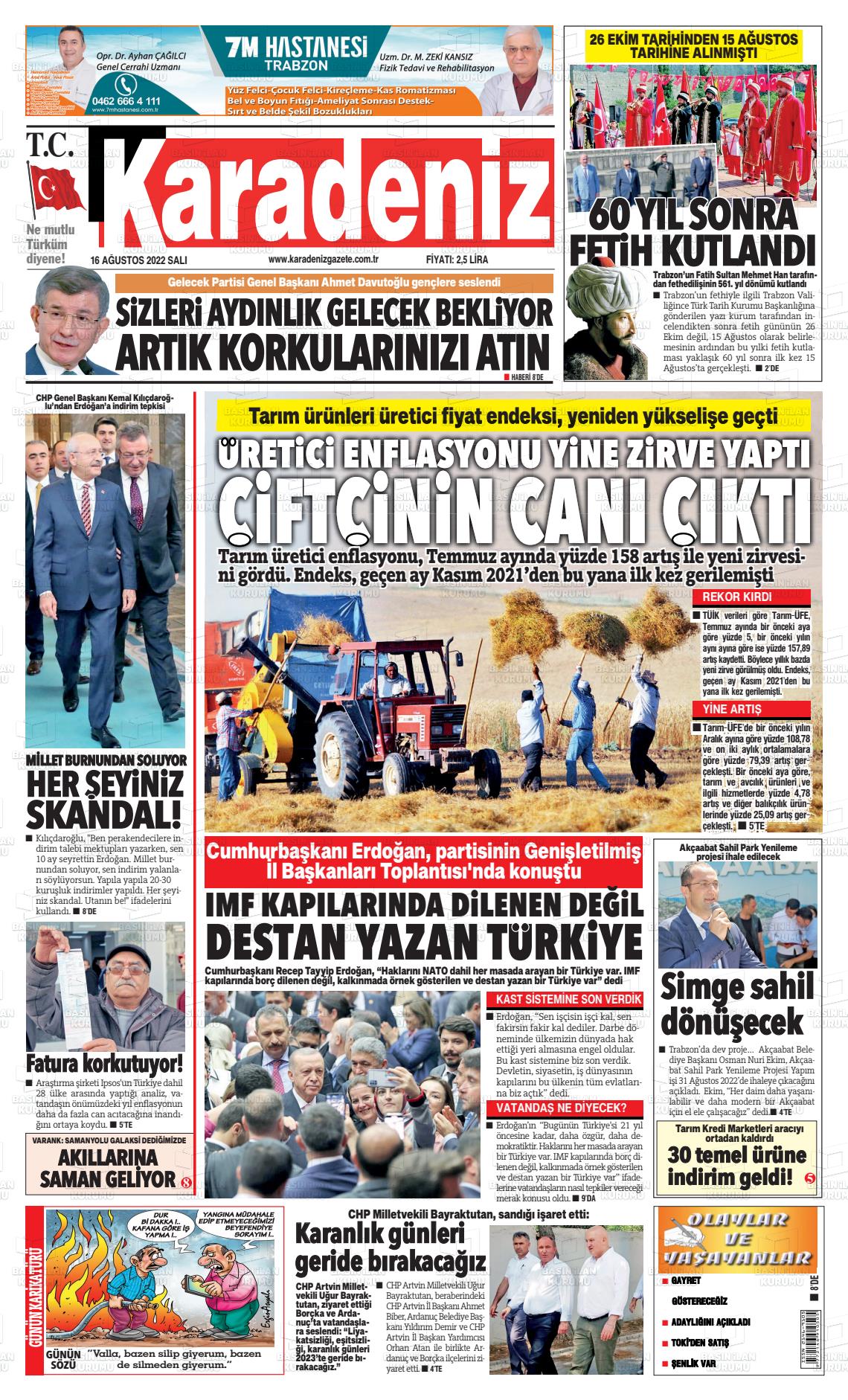 16 Ağustos 2022 Karadeniz Gazete Manşeti