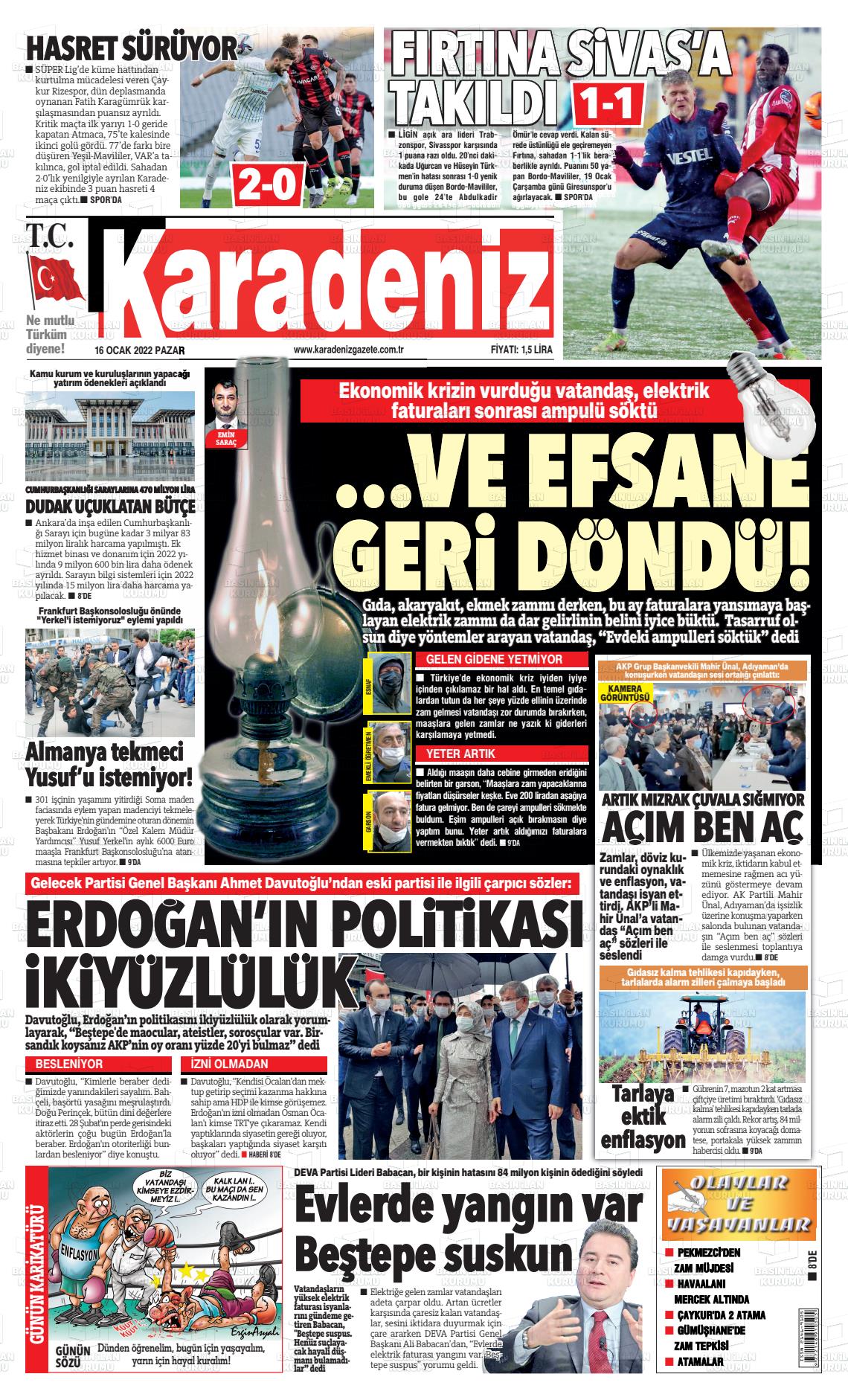 16 Ocak 2022 Karadeniz Gazete Manşeti