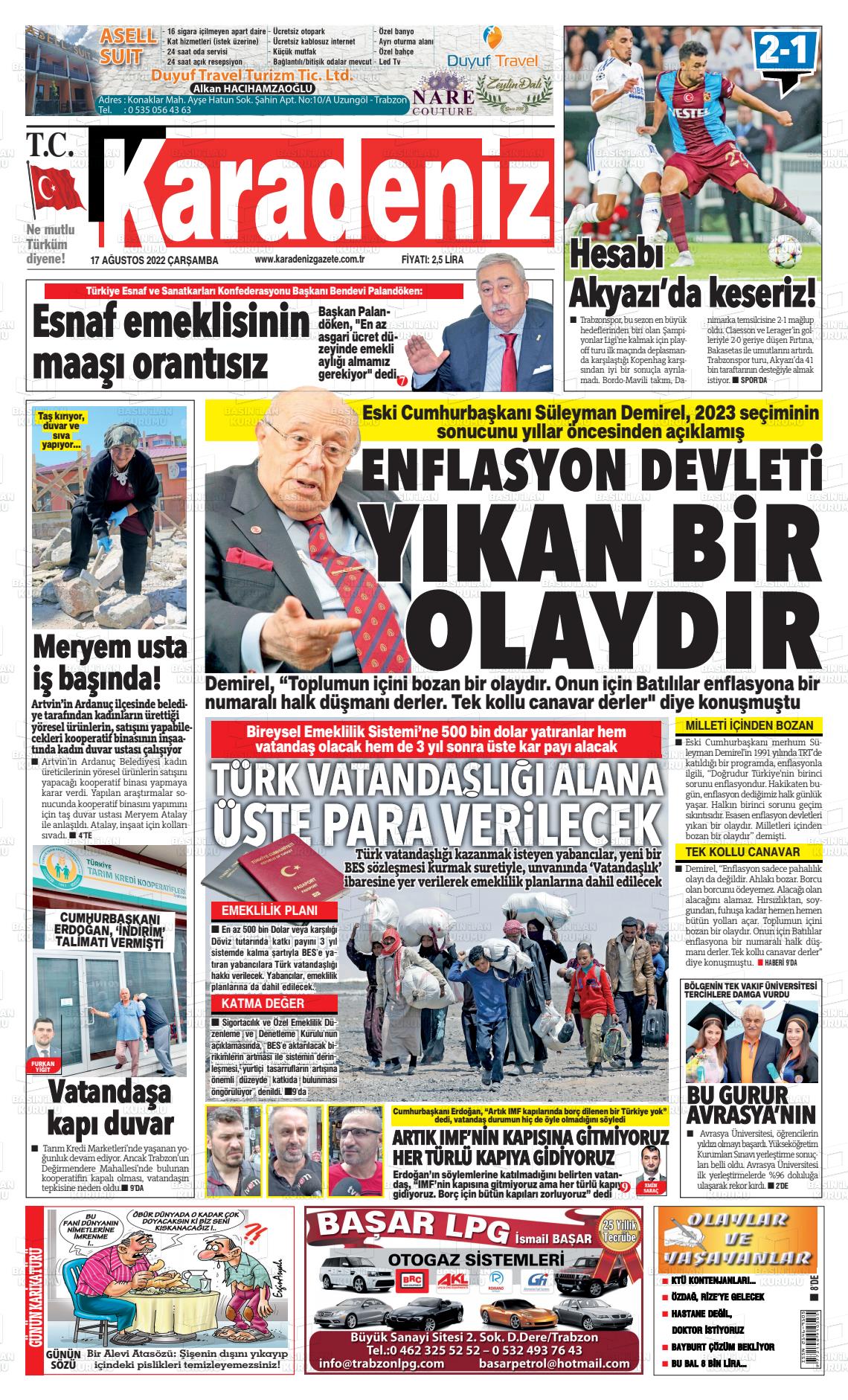 17 Ağustos 2022 Karadeniz Gazete Manşeti