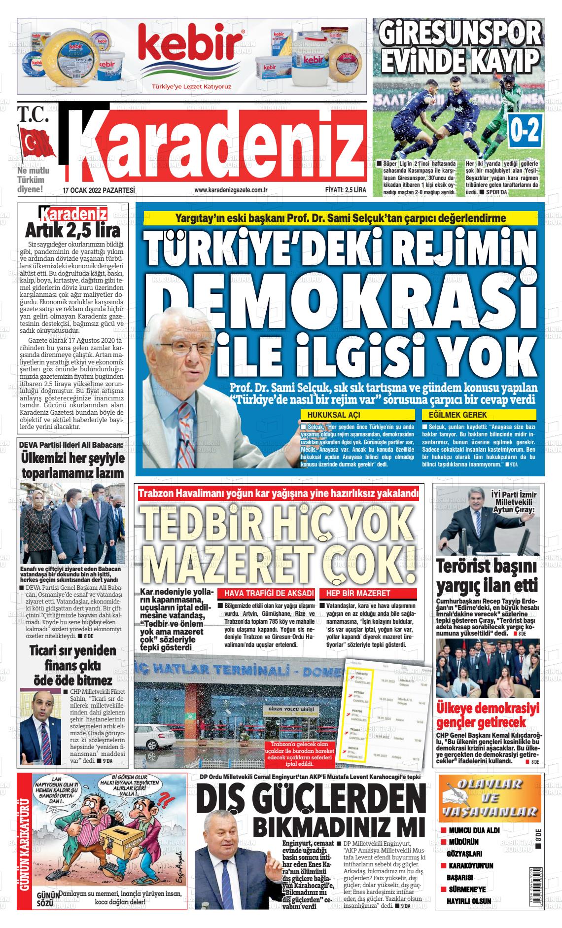 17 Ocak 2022 Karadeniz Gazete Manşeti