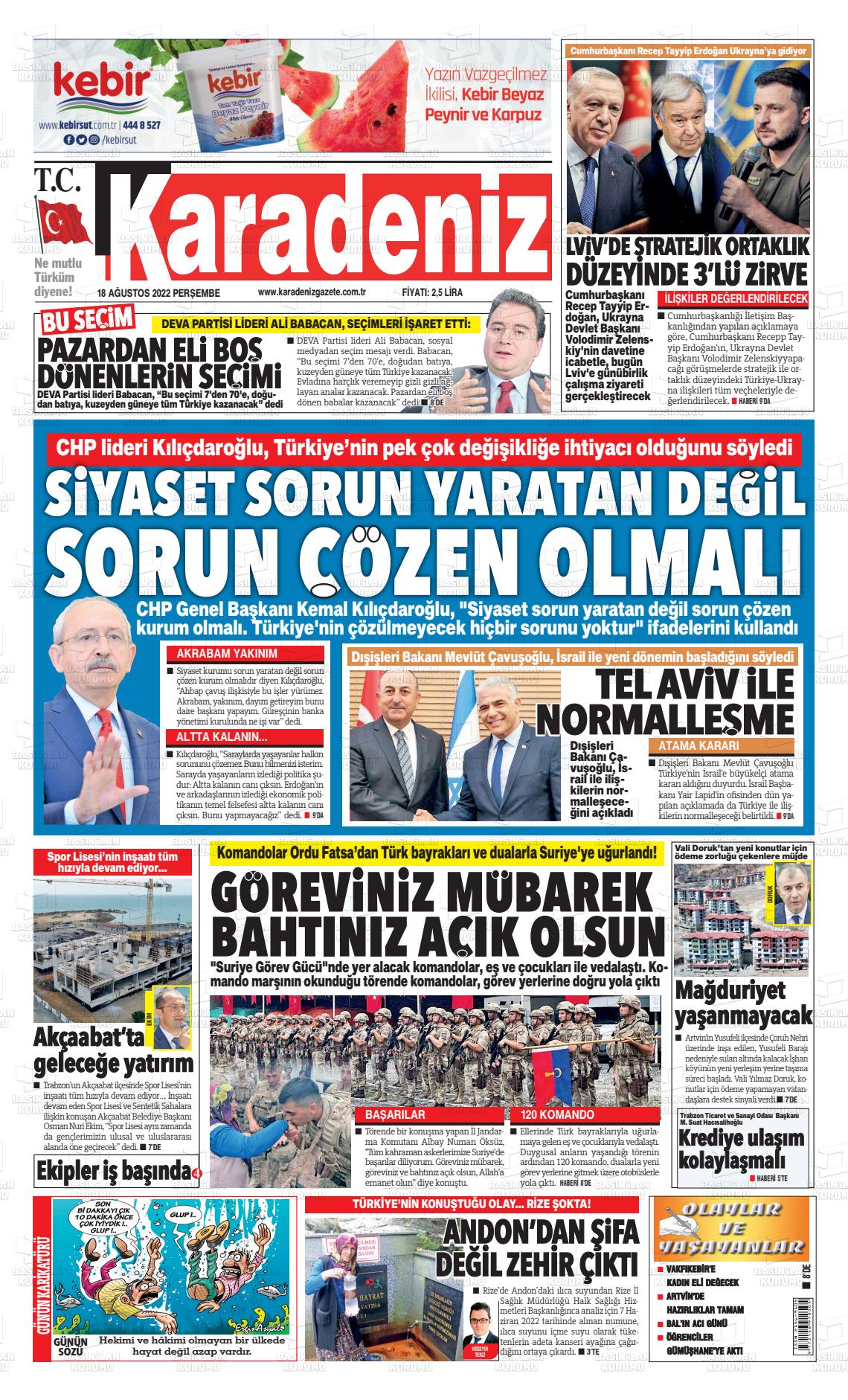 18 Ağustos 2022 Karadeniz Gazete Manşeti