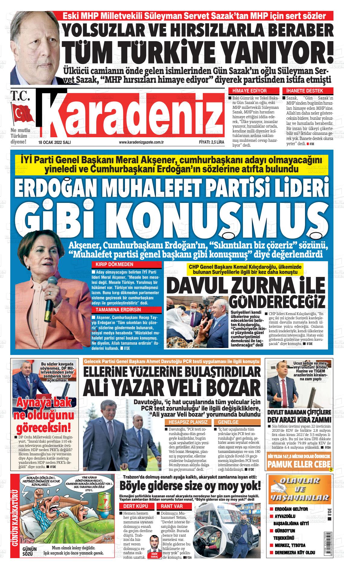 18 Ocak 2022 Karadeniz Gazete Manşeti