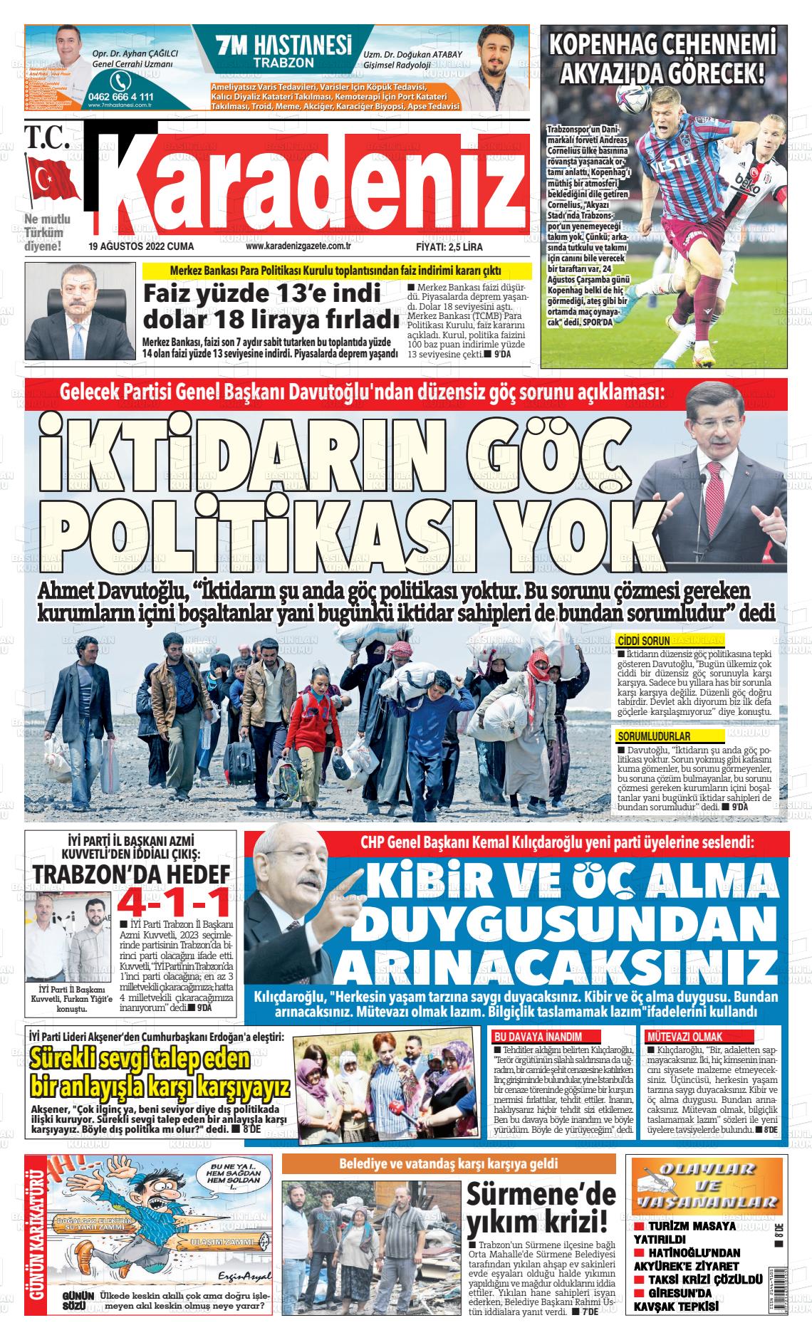 19 Ağustos 2022 Karadeniz Gazete Manşeti