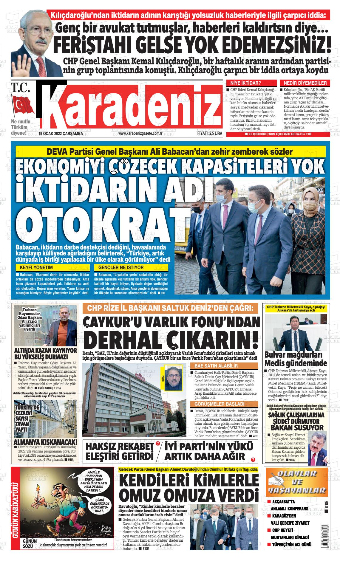 19 Ocak 2022 Karadeniz Gazete Manşeti