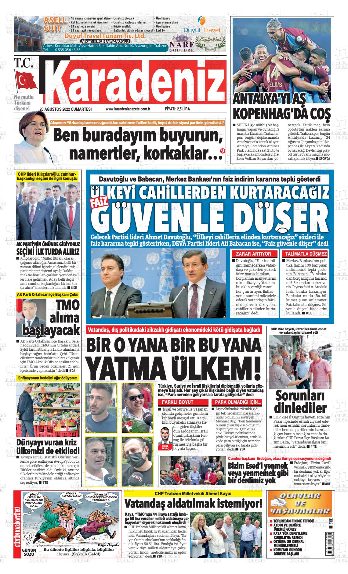 20 Ağustos 2022 Karadeniz Gazete Manşeti