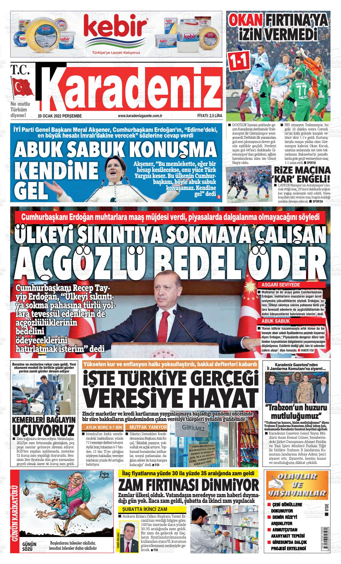20 Ocak 2022 Karadeniz Gazete Manşeti