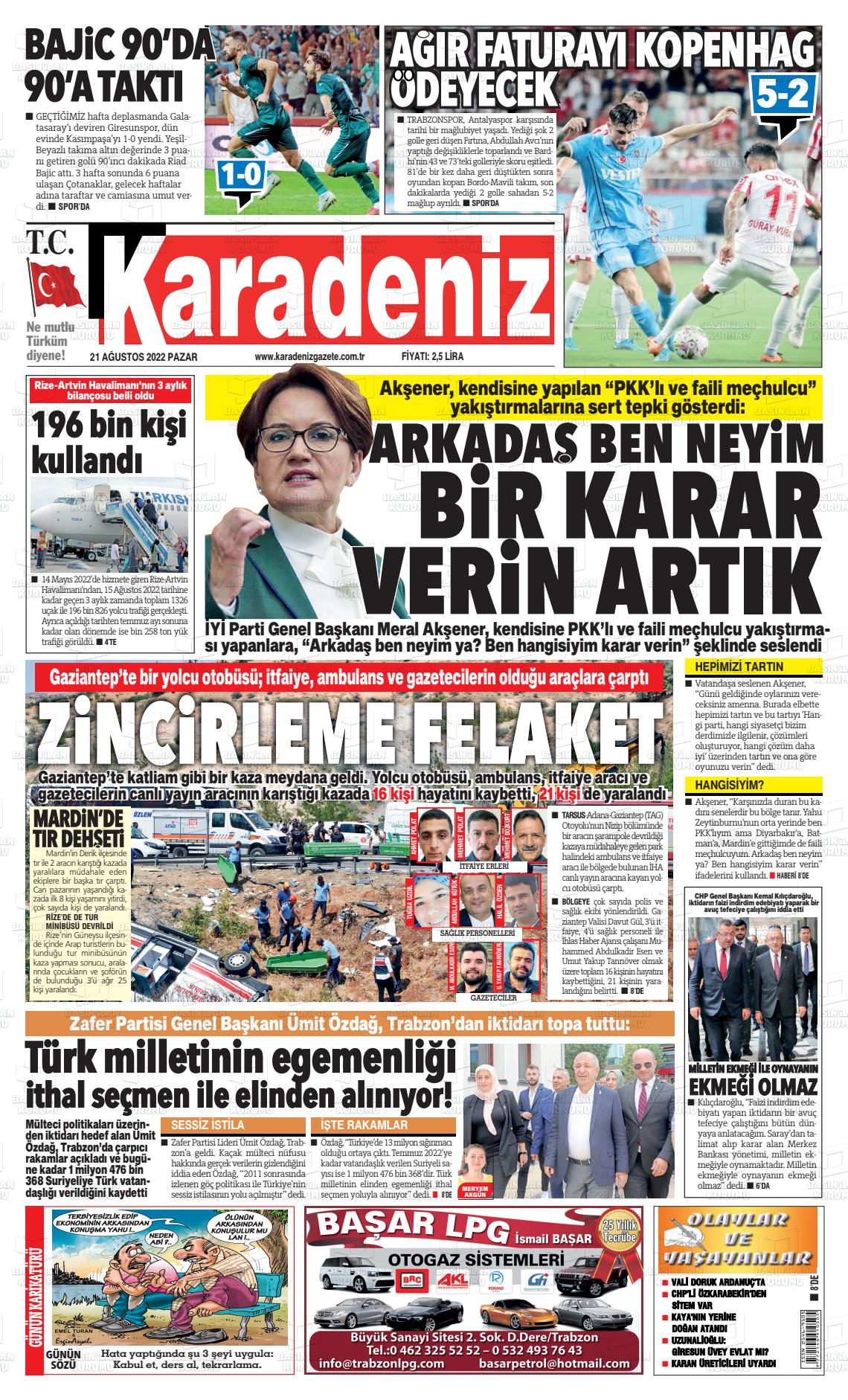 21 Ağustos 2022 Karadeniz Gazete Manşeti