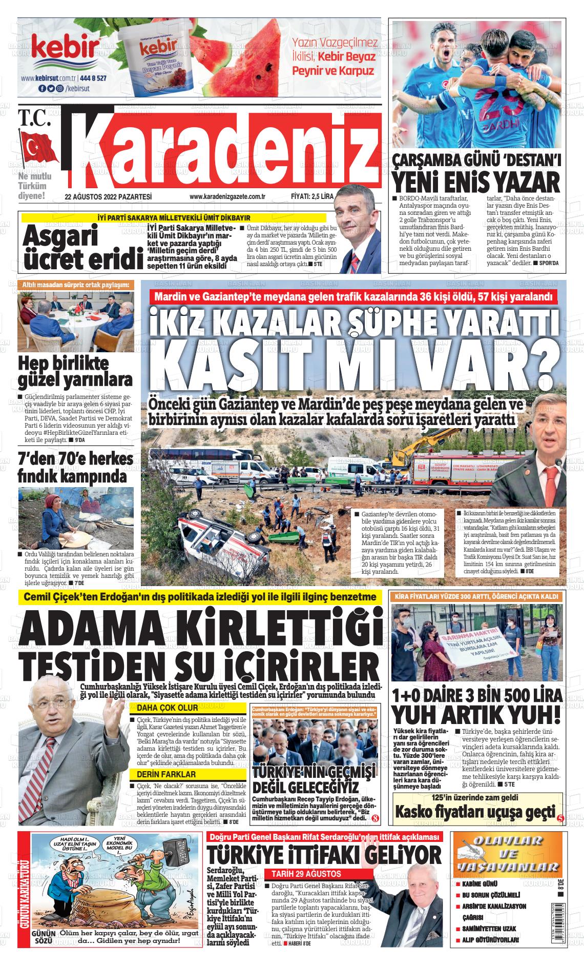 22 Ağustos 2022 Karadeniz Gazete Manşeti