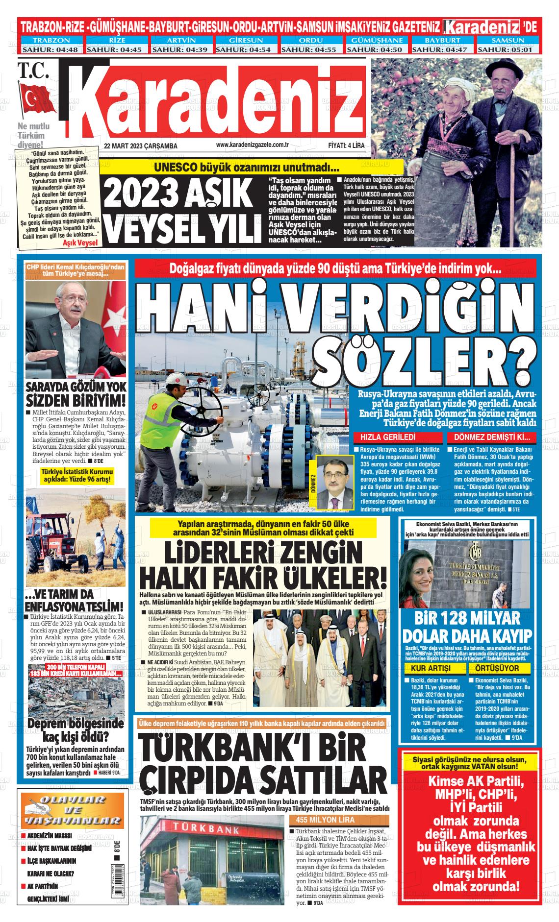 22 Mart 2023 Karadeniz Gazete Manşeti