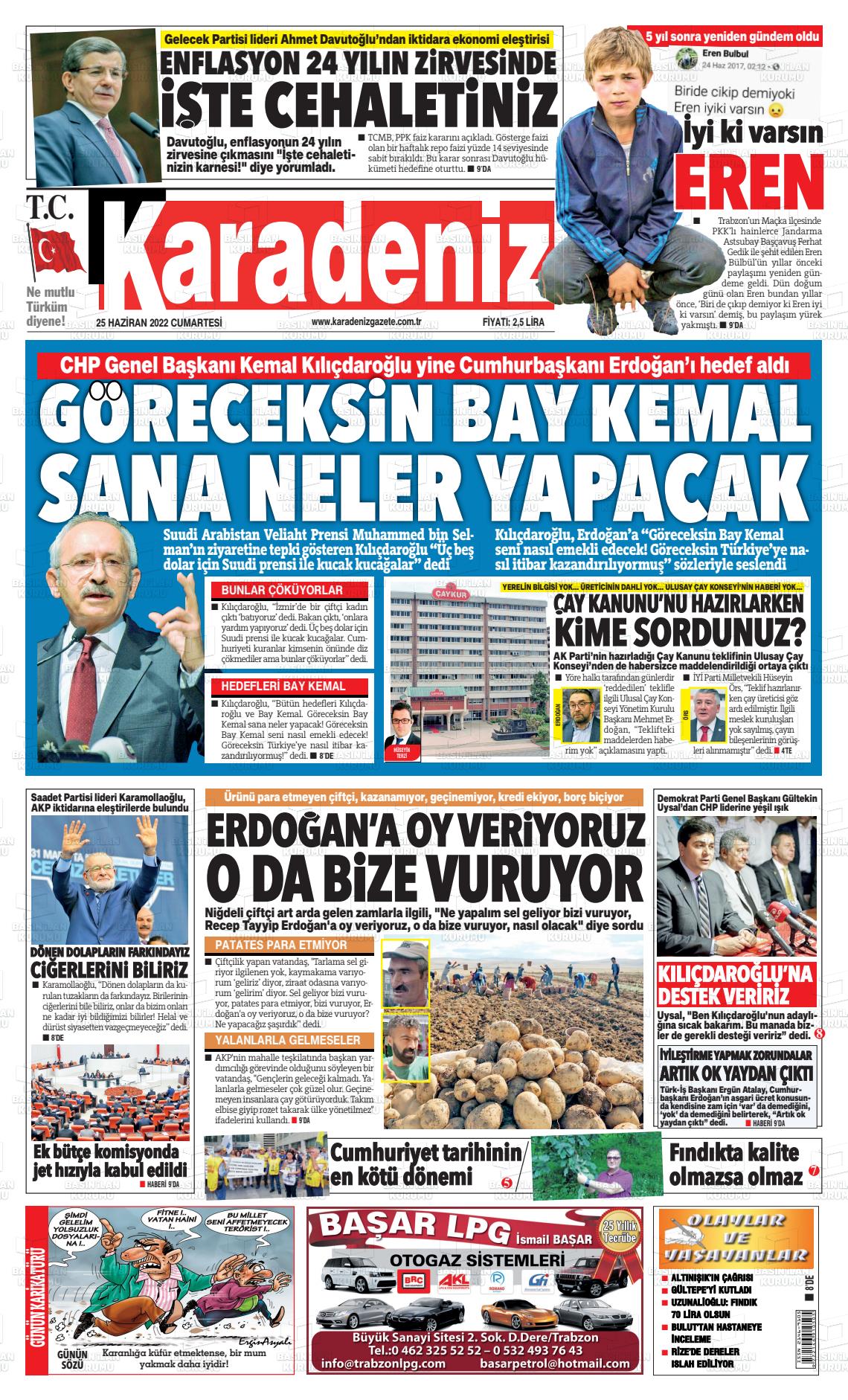 25 Haziran 2022 Karadeniz Gazete Manşeti