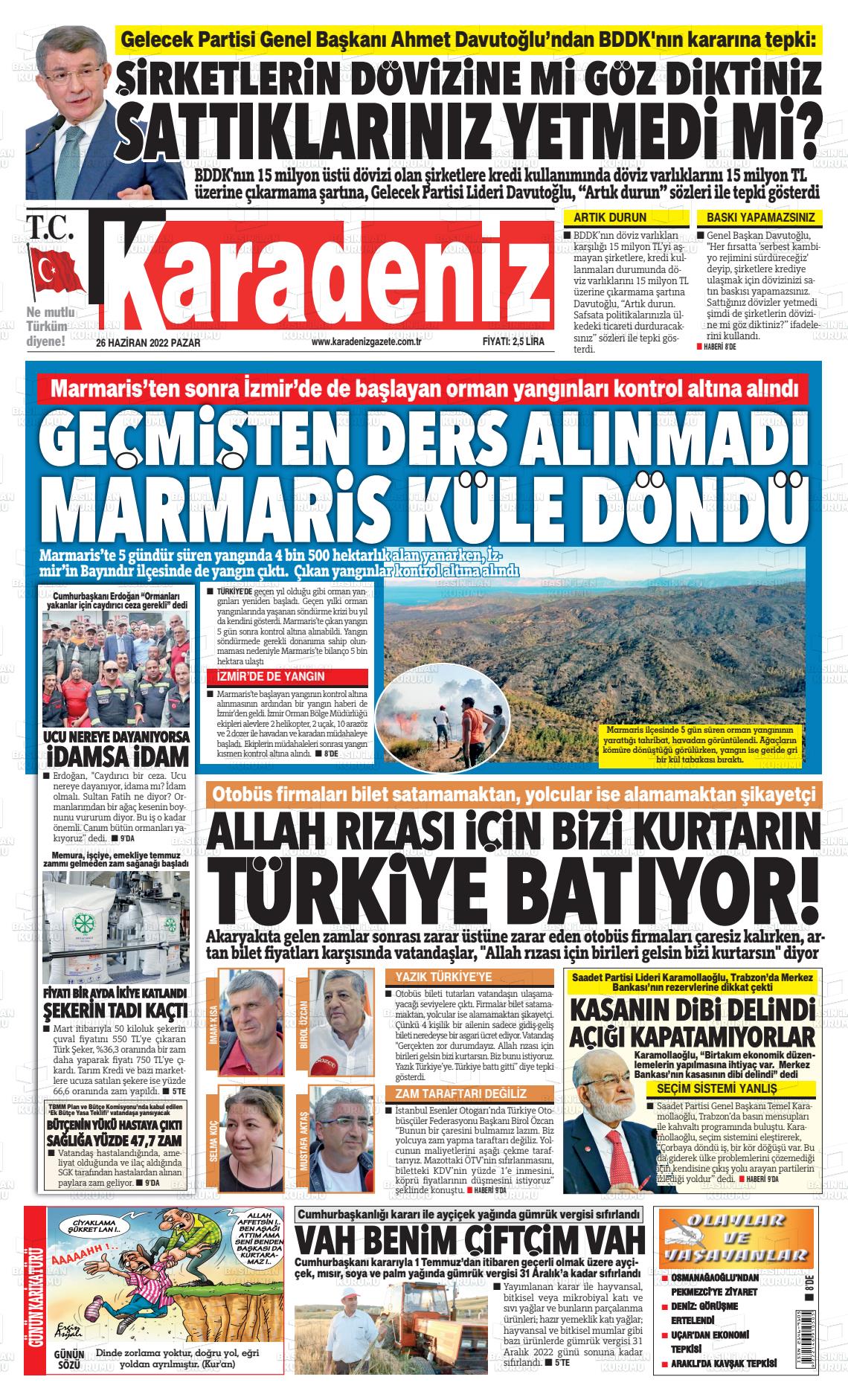 26 Haziran 2022 Karadeniz Gazete Manşeti