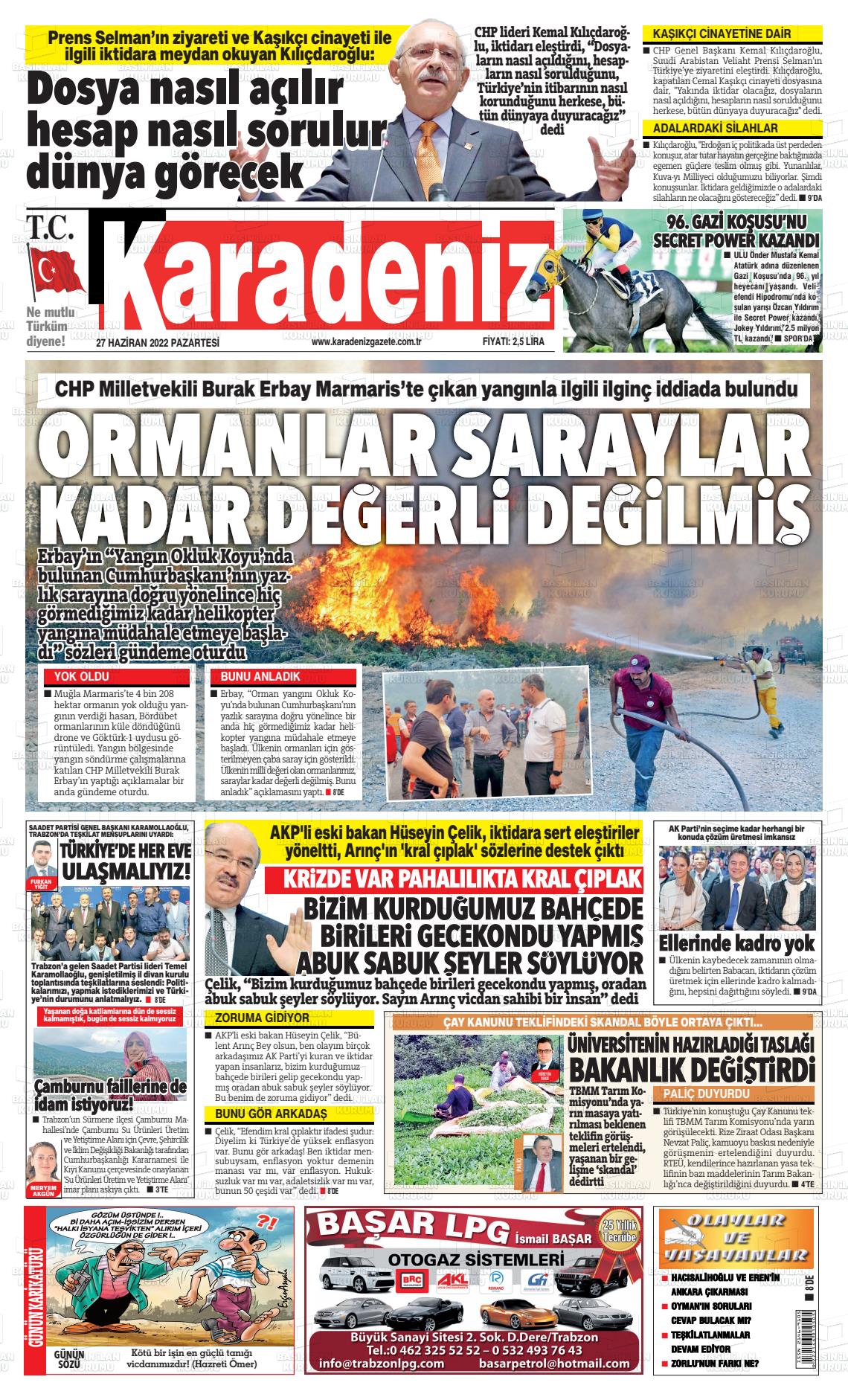 27 Haziran 2022 Karadeniz Gazete Manşeti