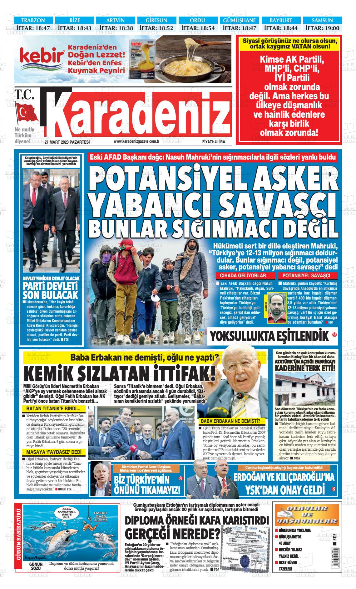 27 Mart 2023 Karadeniz Gazete Manşeti
