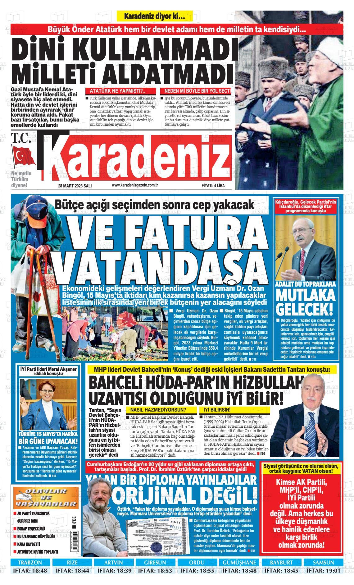 28 Mart 2023 Karadeniz Gazete Manşeti