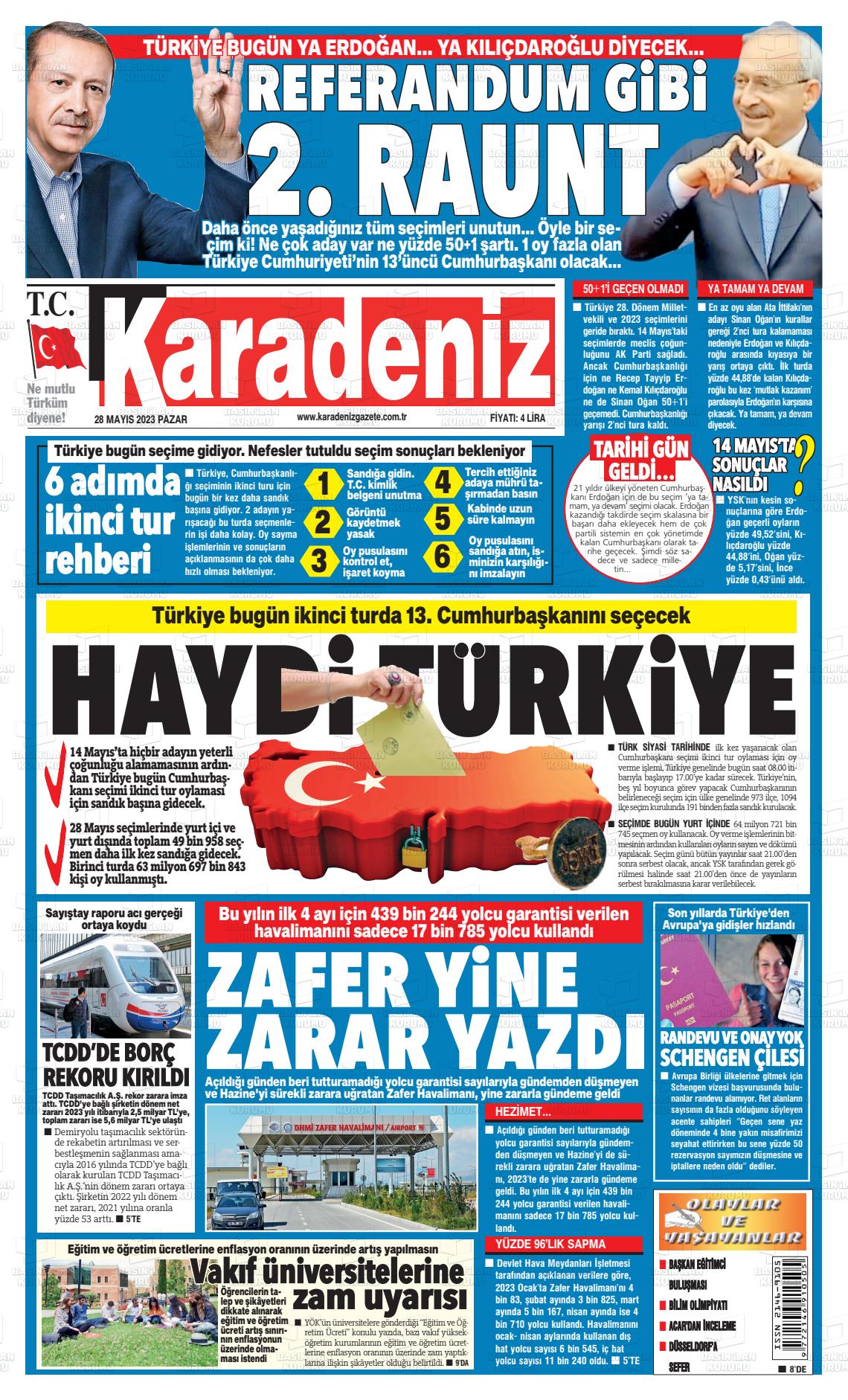 28 Mayıs 2023 Karadeniz Gazete Manşeti