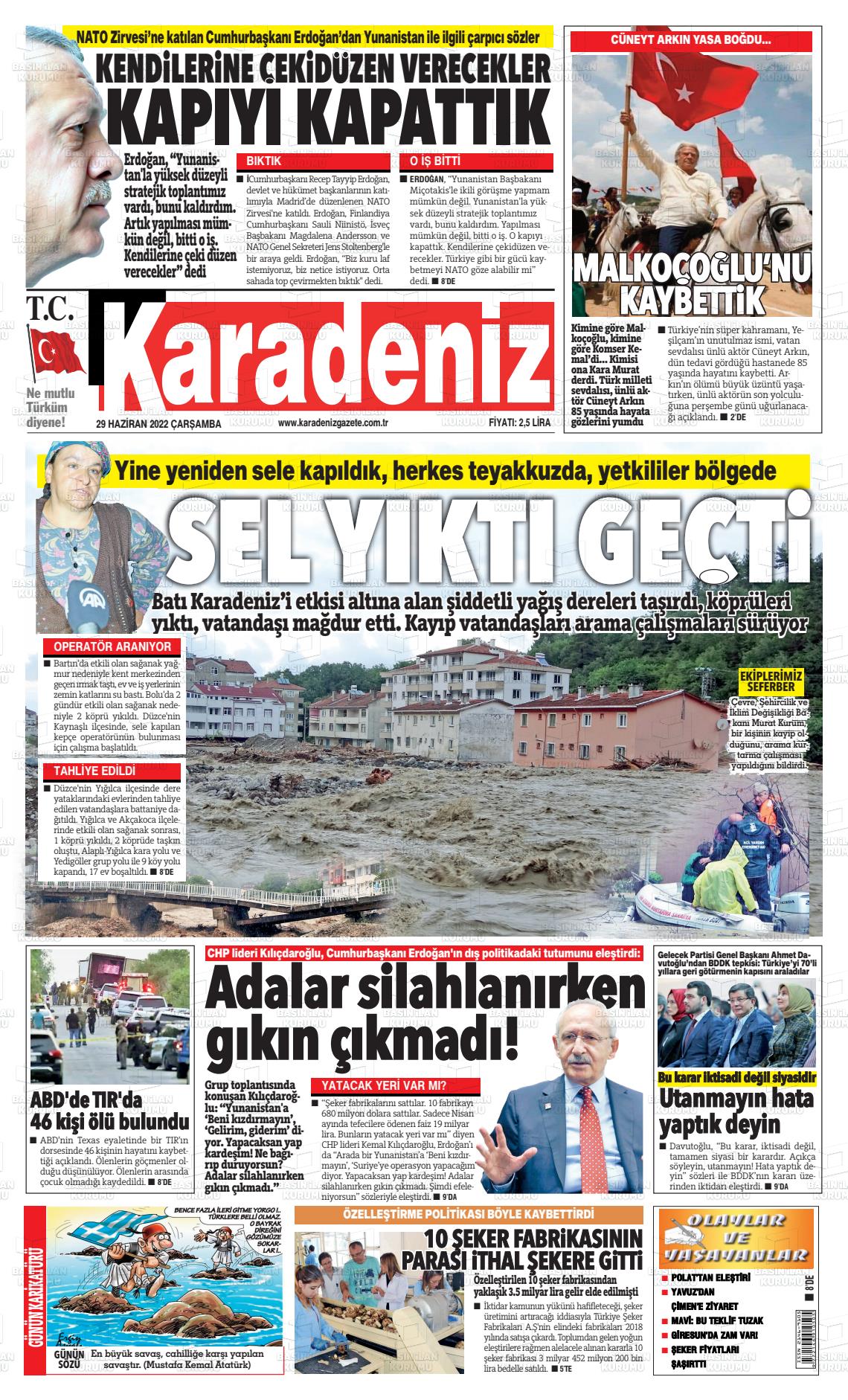 29 Haziran 2022 Karadeniz Gazete Manşeti