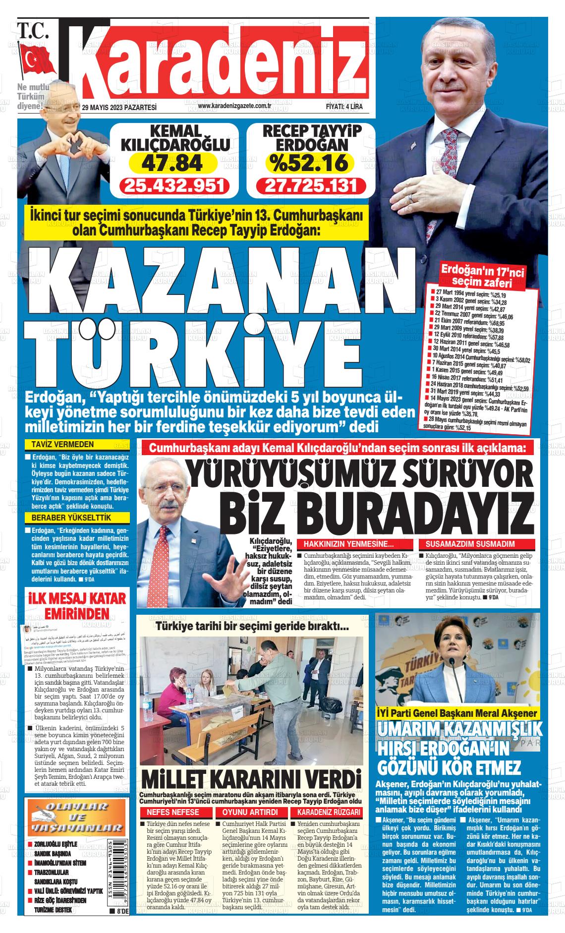 29 Mayıs 2023 Karadeniz Gazete Manşeti