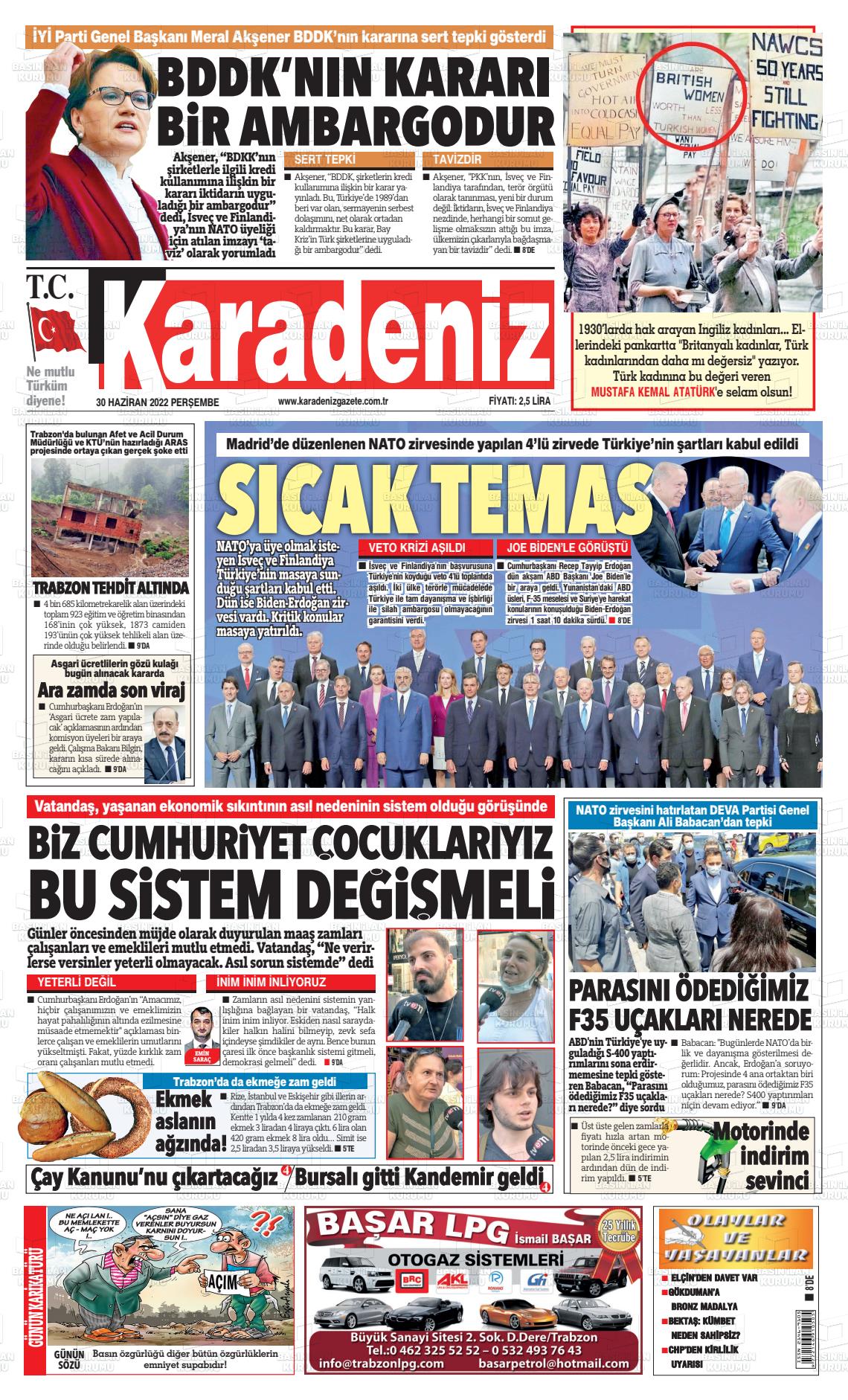 01 Temmuz 2022 Karadeniz Gazete Manşeti