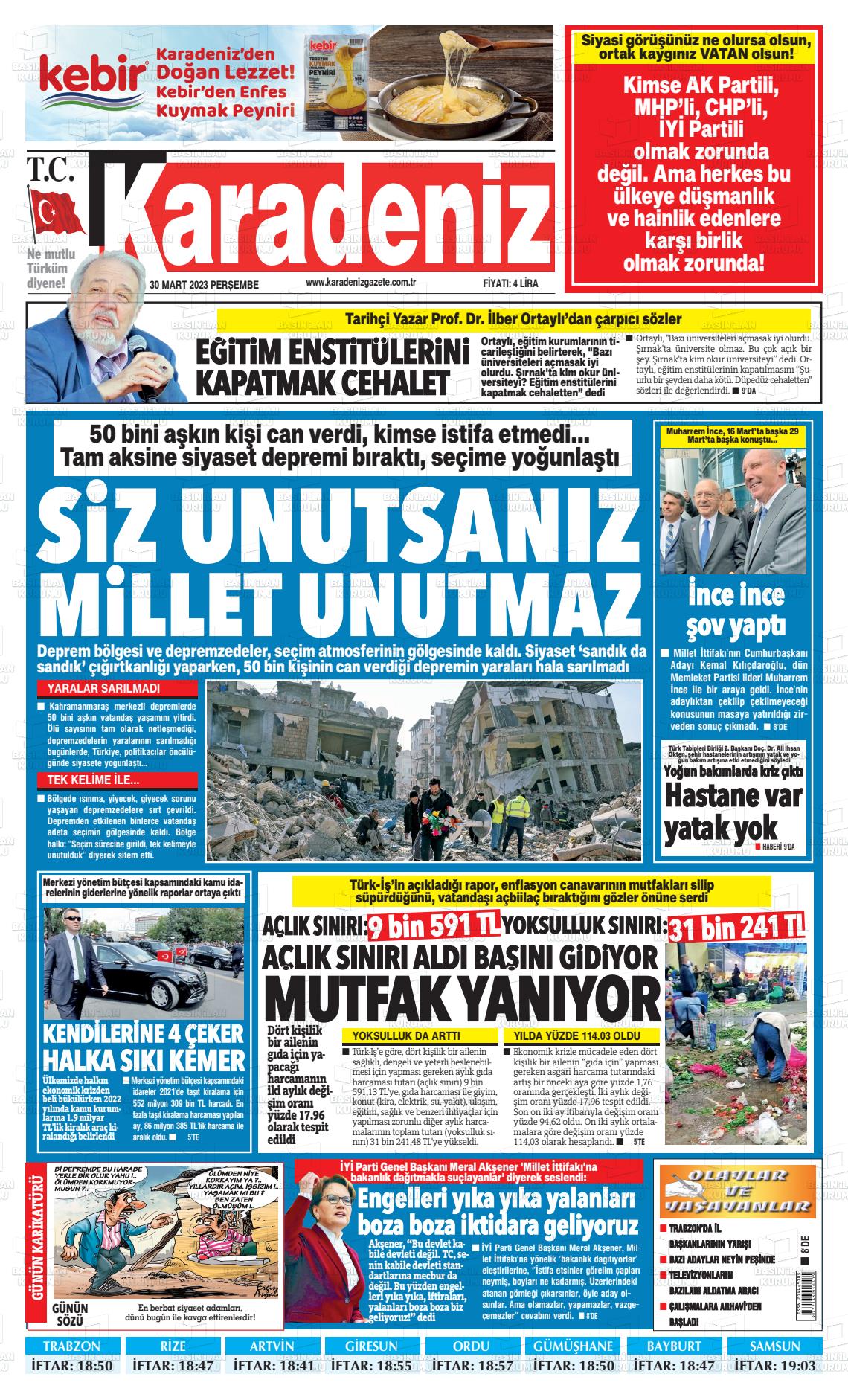 30 Mart 2023 Karadeniz Gazete Manşeti