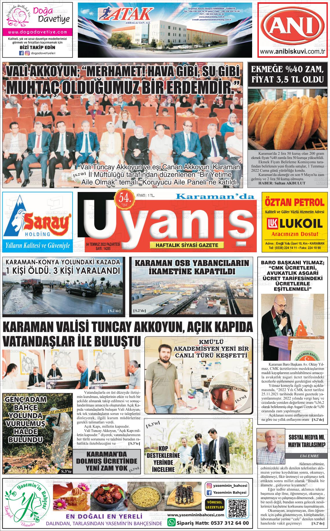 04 Temmuz 2022 Karamanda Uyanış Gazete Manşeti