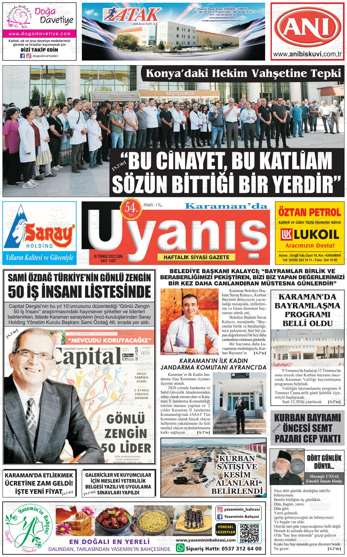 08 Temmuz 2022 Karamanda Uyanış Gazete Manşeti