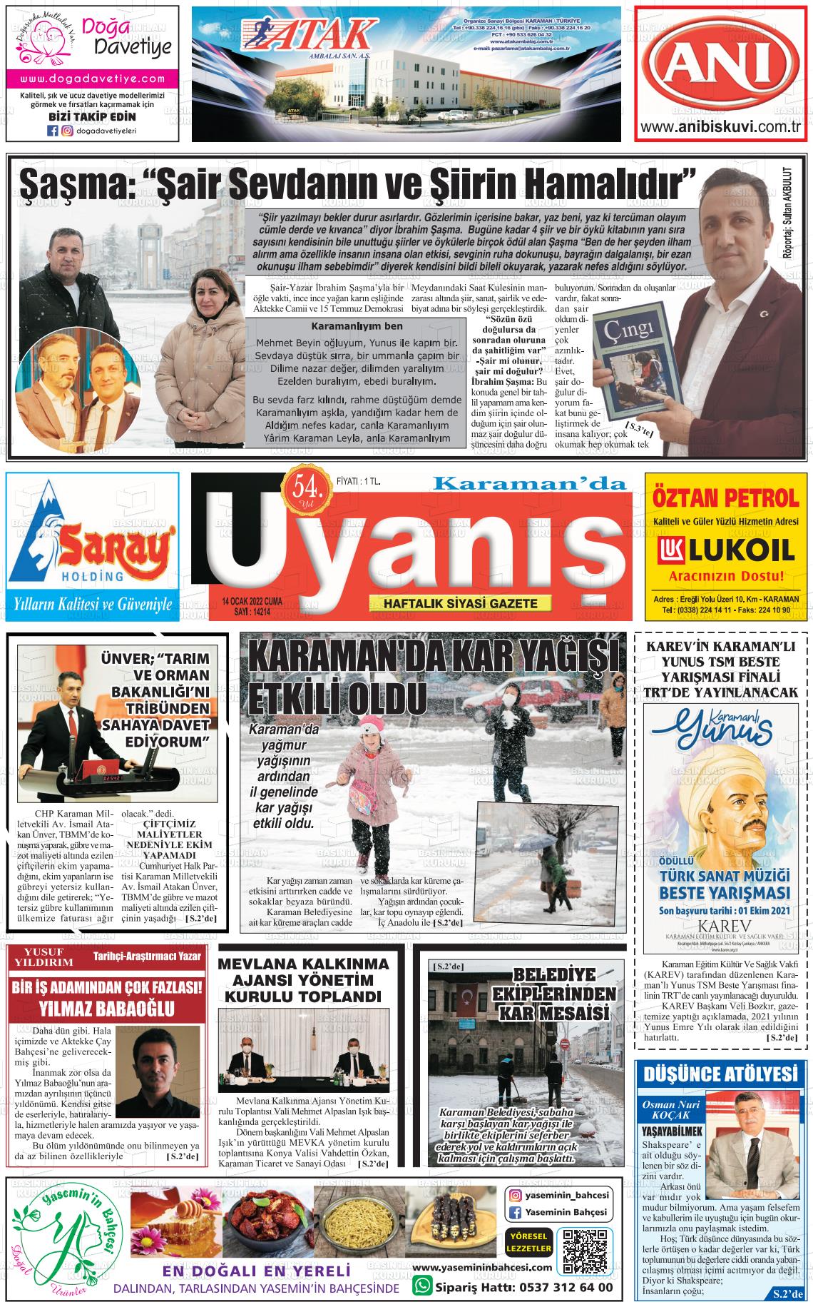 14 Ocak 2022 Karamanda Uyanış Gazete Manşeti
