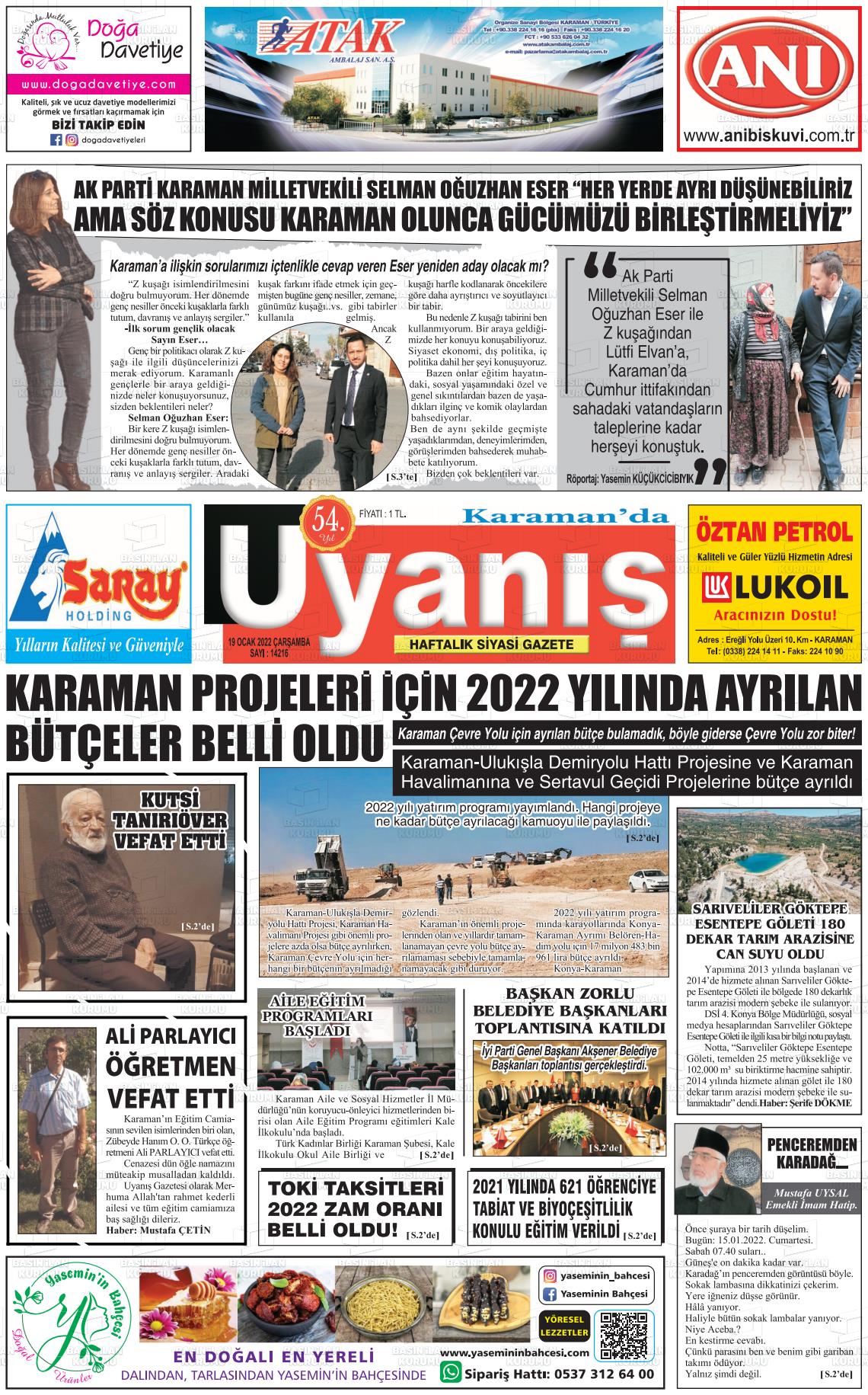 19 Ocak 2022 Karamanda Uyanış Gazete Manşeti