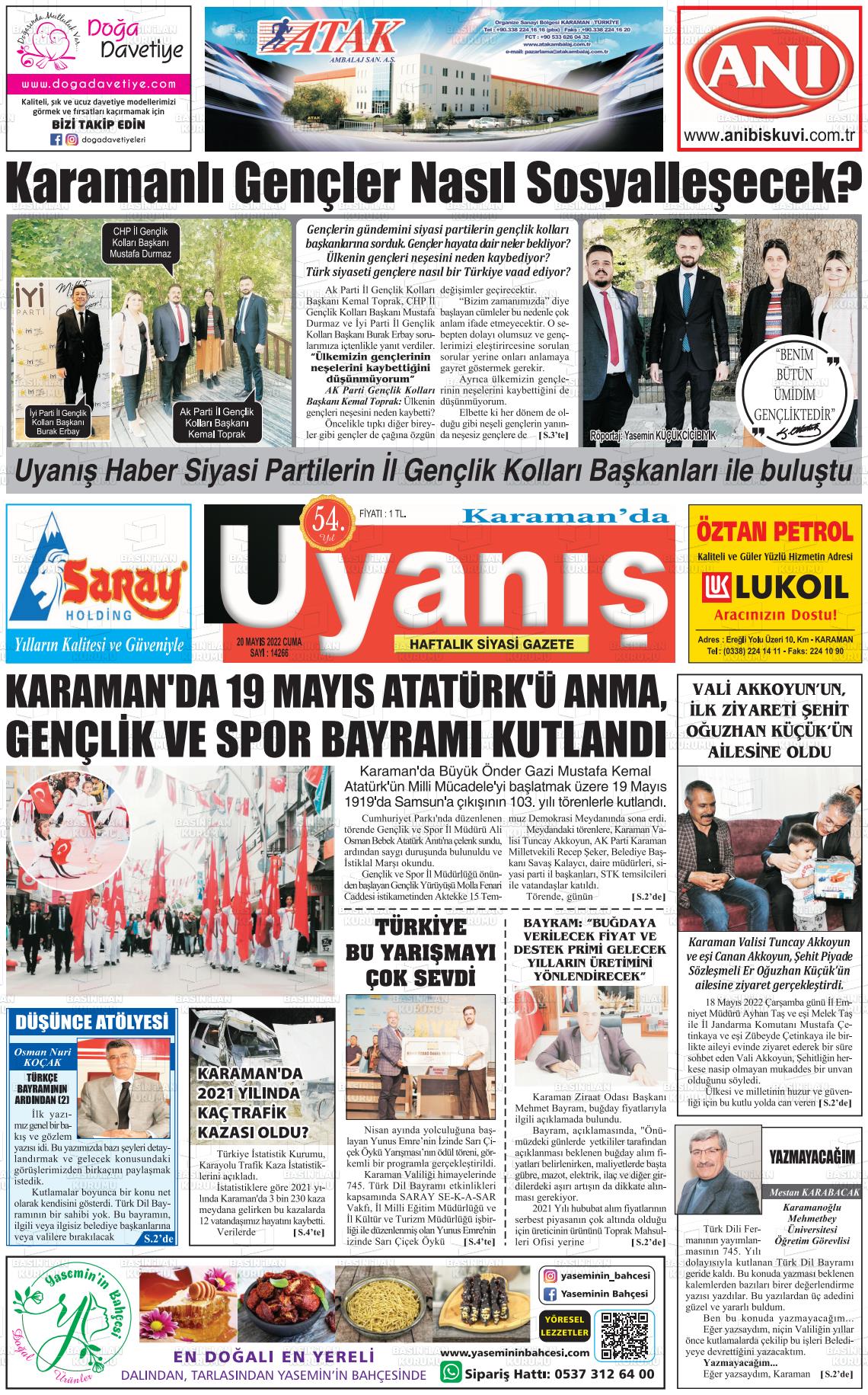 20 Mayıs 2022 Karamanda Uyanış Gazete Manşeti