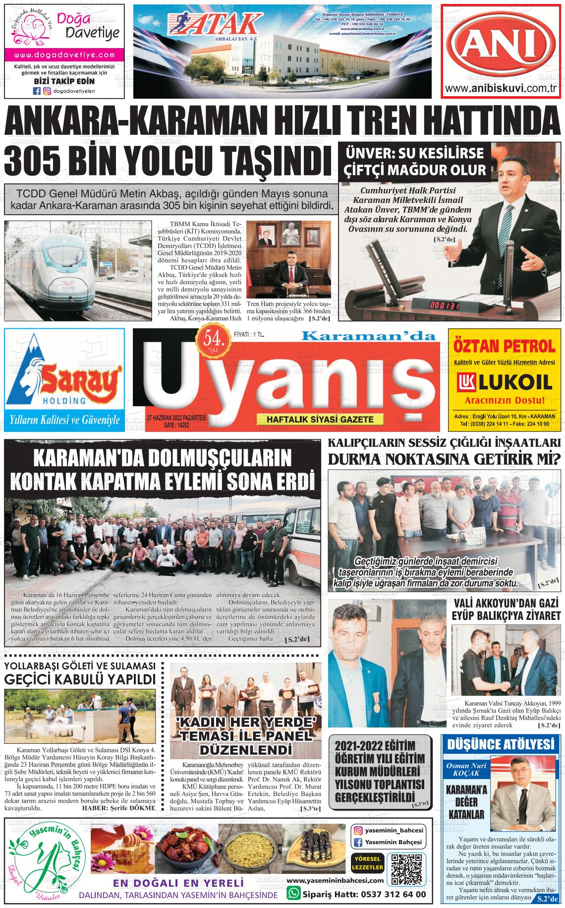 27 Haziran 2022 Karamanda Uyanış Gazete Manşeti