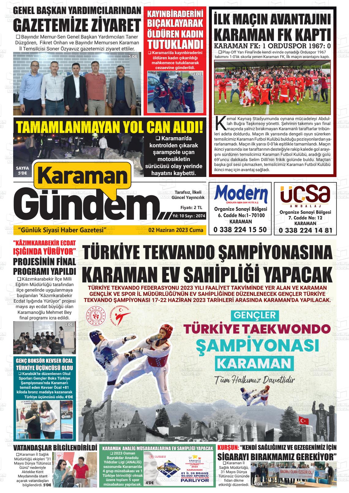 02 Haziran 2023 Karaman Gündem Gazete Manşeti