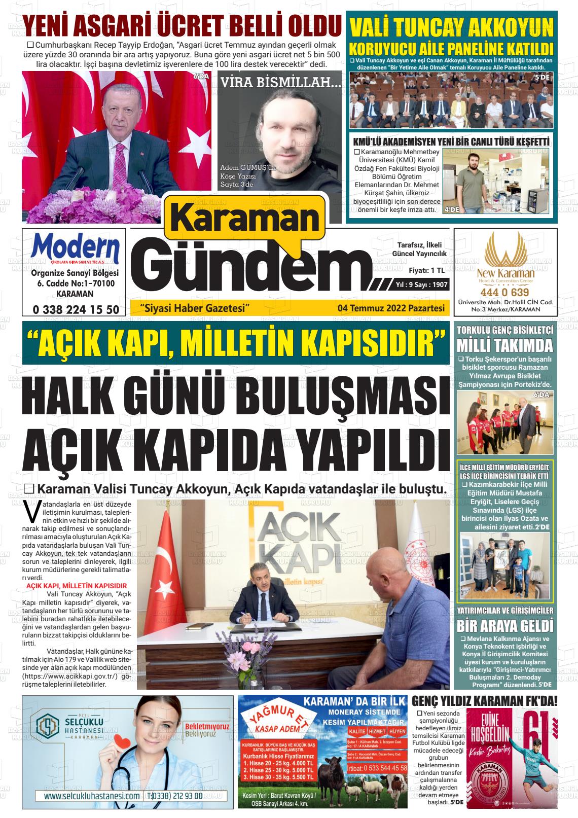 04 Temmuz 2022 Karaman Gündem Gazete Manşeti