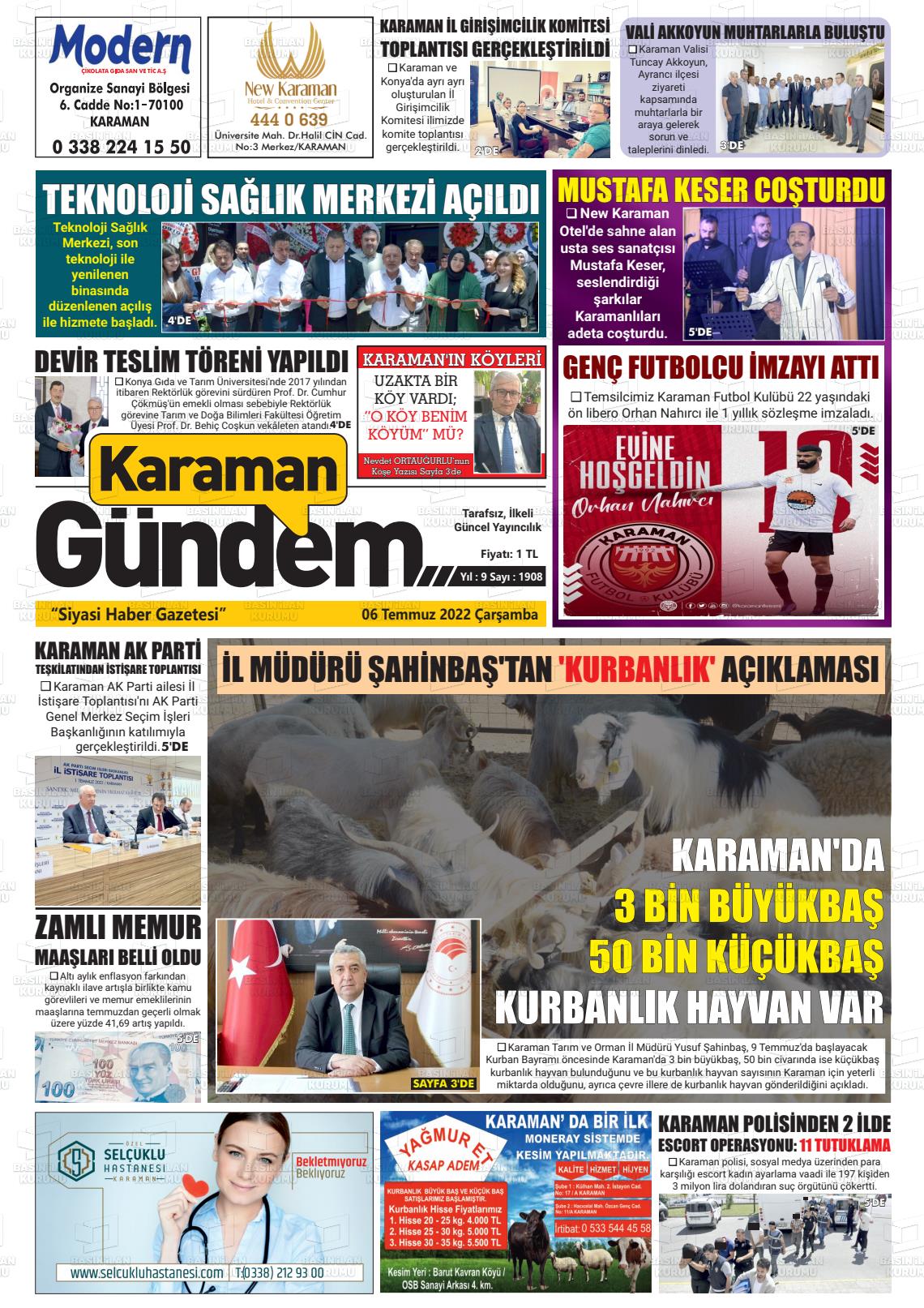 06 Temmuz 2022 Karaman Gündem Gazete Manşeti