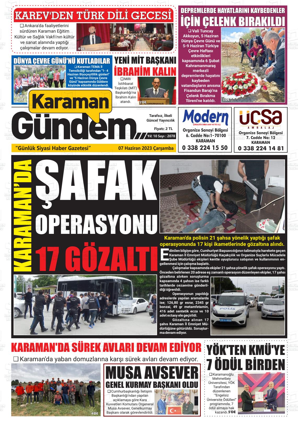 07 Haziran 2023 Karaman Gündem Gazete Manşeti