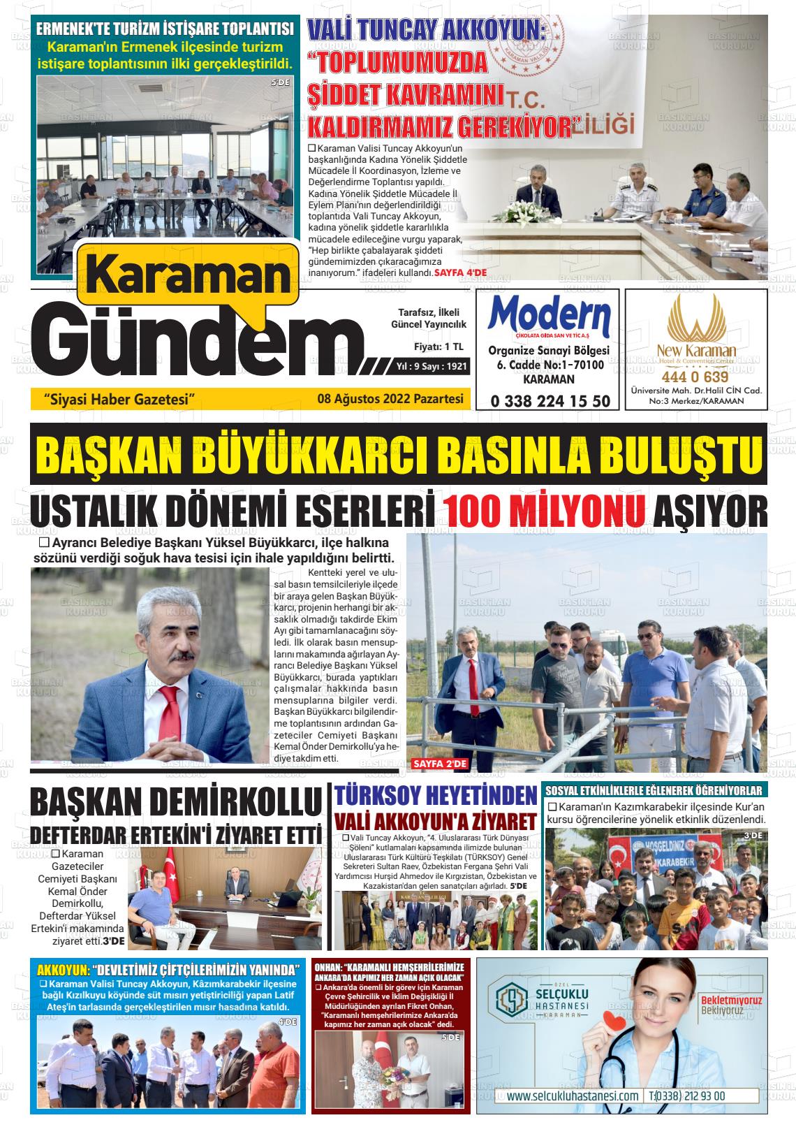 08 Ağustos 2022 Karaman Gündem Gazete Manşeti