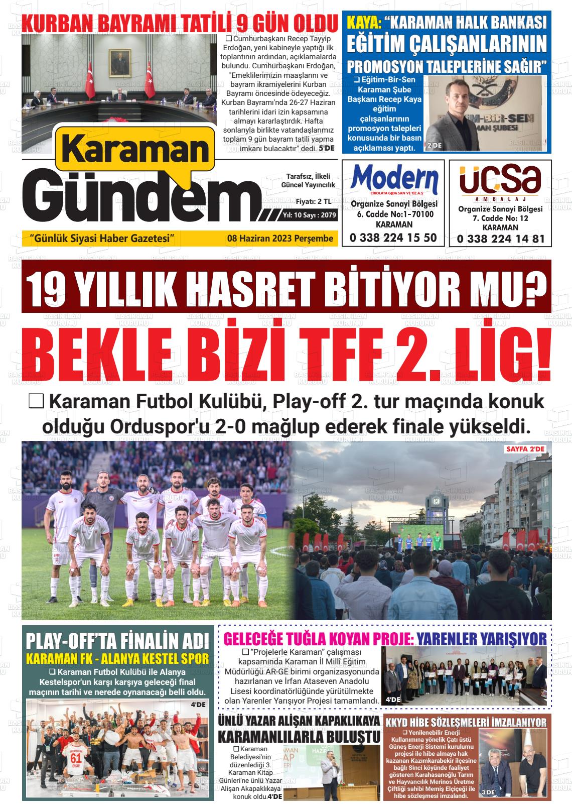 08 Haziran 2023 Karaman Gündem Gazete Manşeti