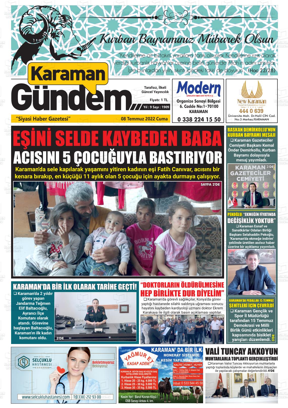 08 Temmuz 2022 Karaman Gündem Gazete Manşeti