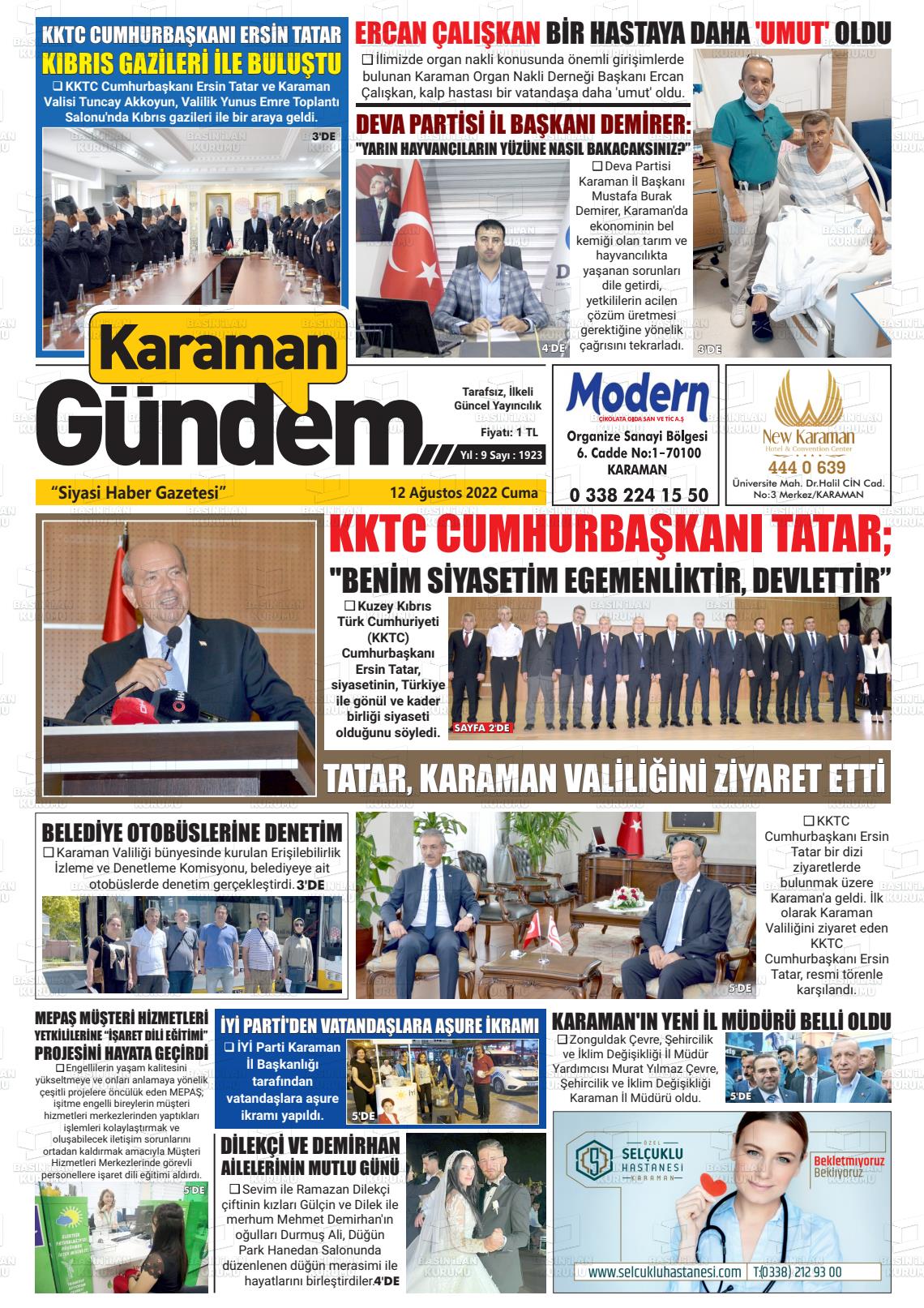 12 Ağustos 2022 Karaman Gündem Gazete Manşeti