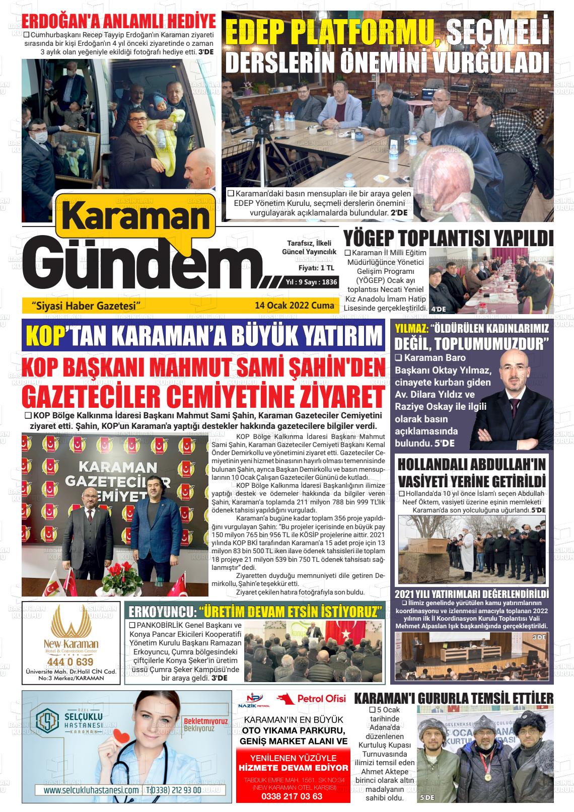 14 Ocak 2022 Karaman Gündem Gazete Manşeti