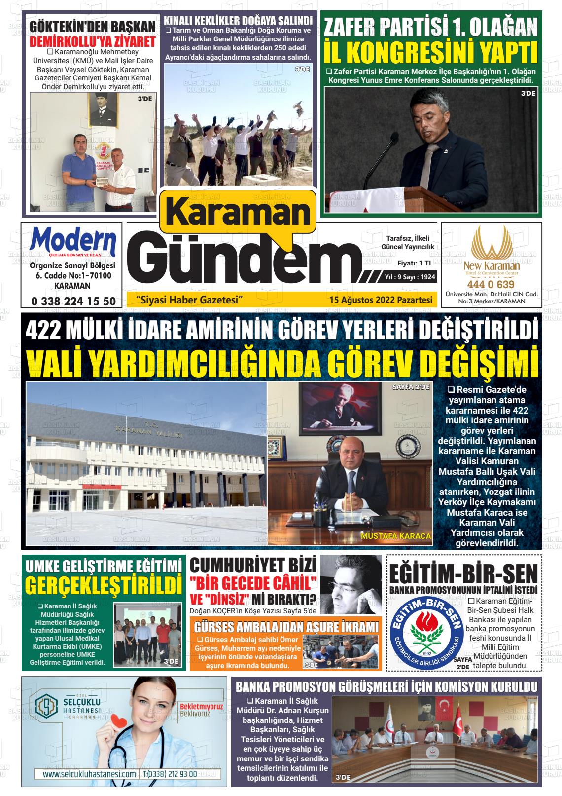 15 Ağustos 2022 Karaman Gündem Gazete Manşeti