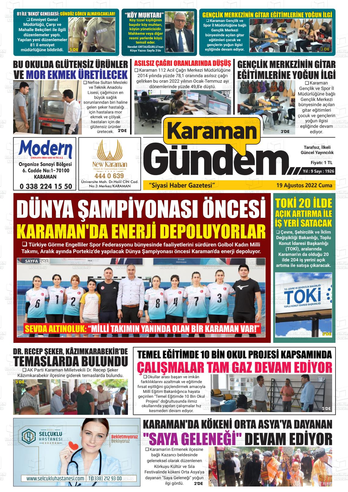 19 Ağustos 2022 Karaman Gündem Gazete Manşeti