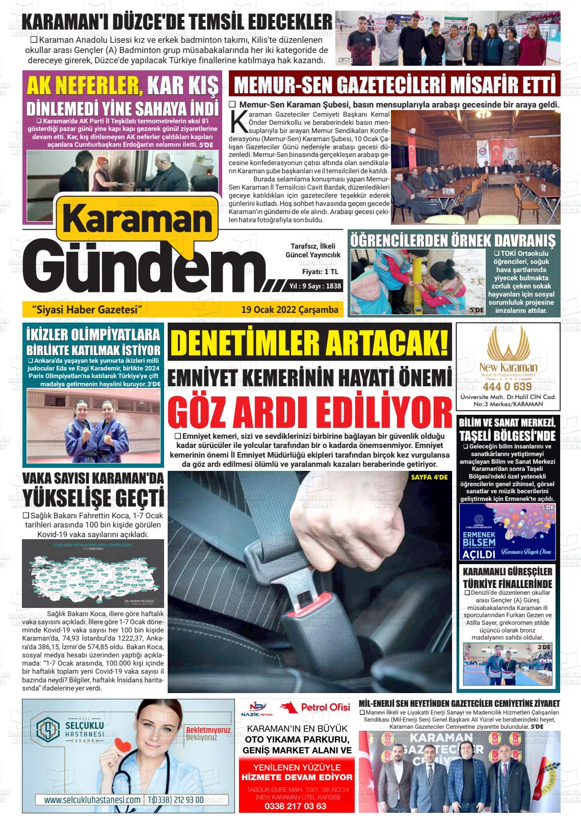 19 Ocak 2022 Karaman Gündem Gazete Manşeti