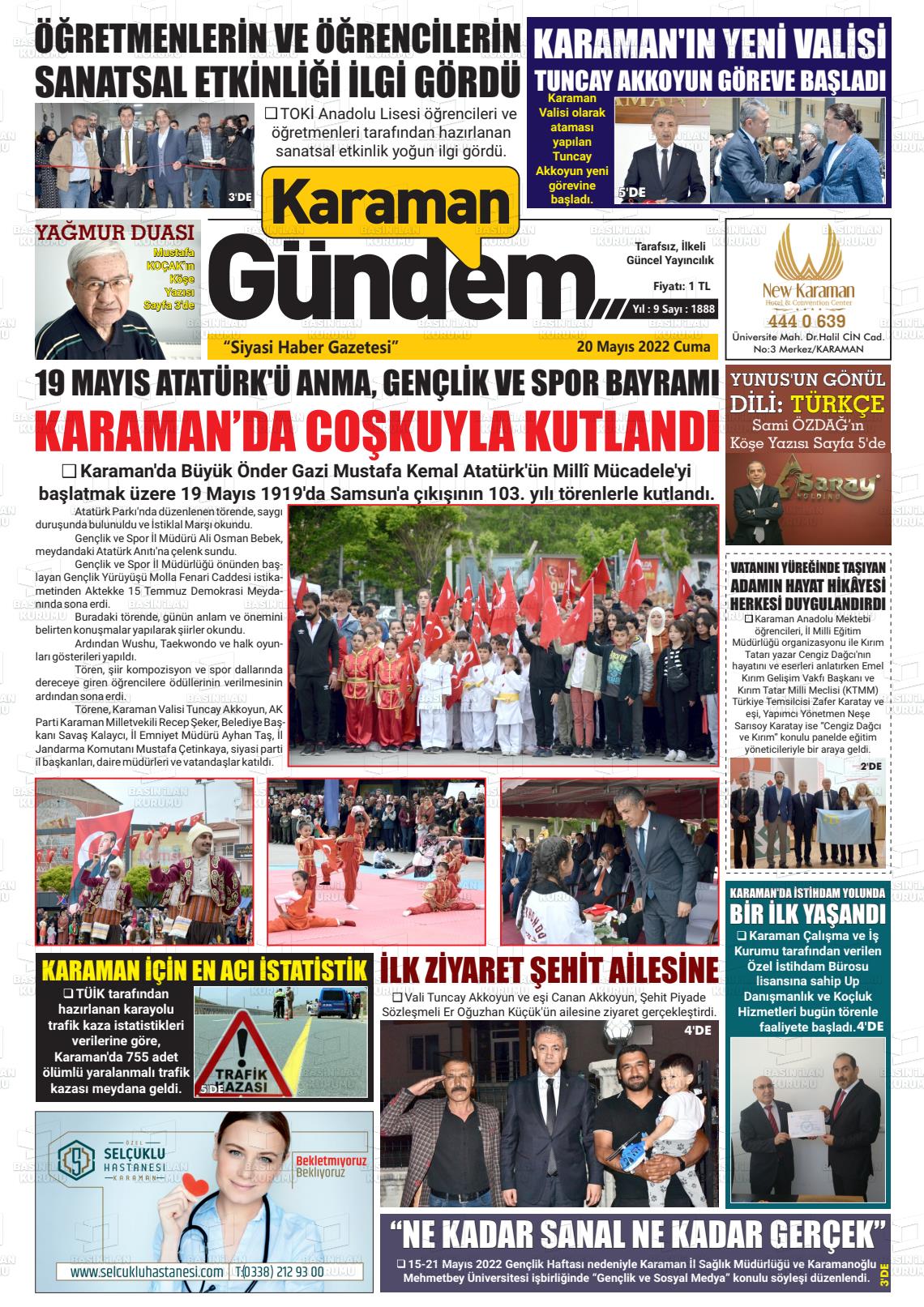 20 Mayıs 2022 Karaman Gündem Gazete Manşeti
