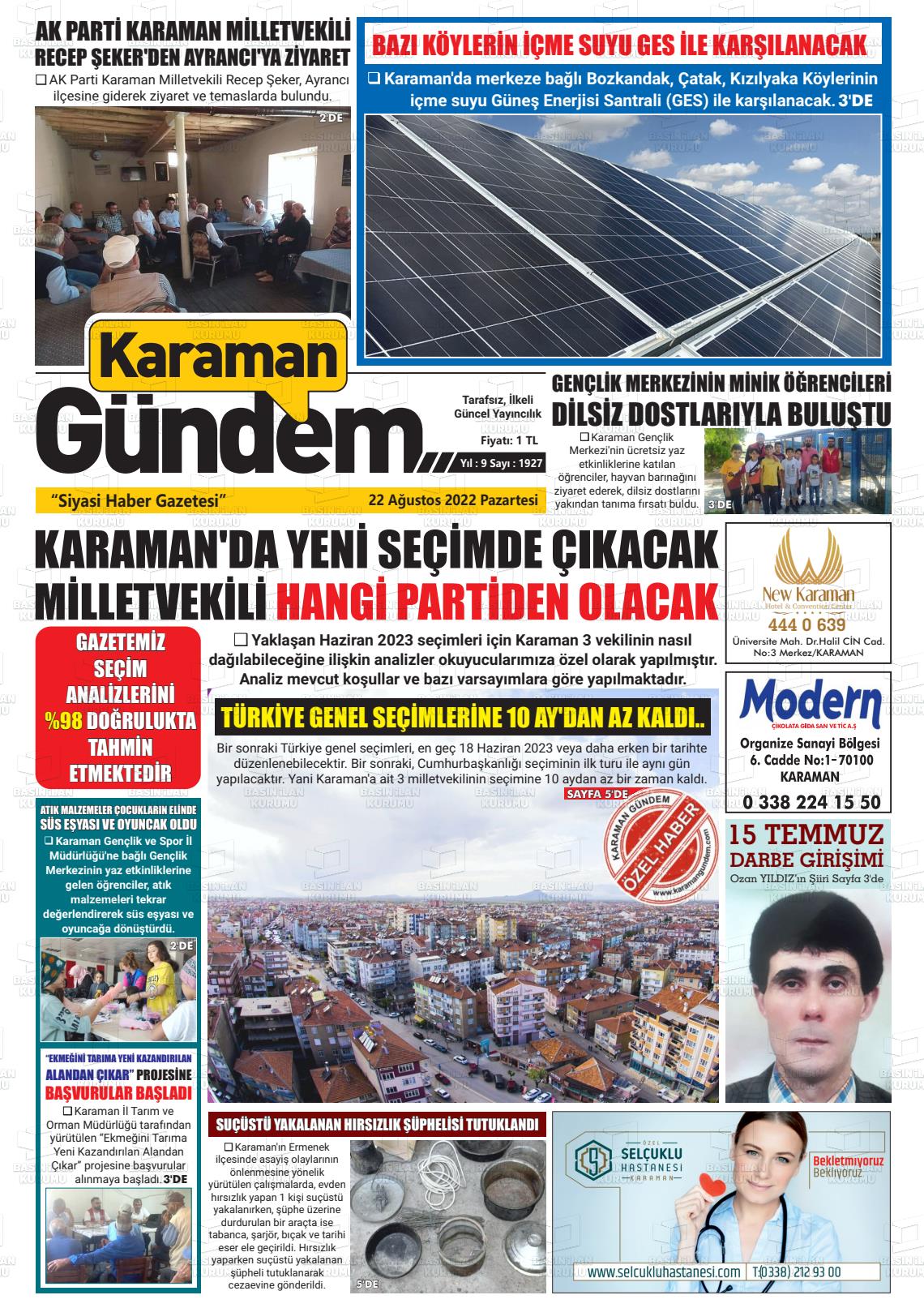 22 Ağustos 2022 Karaman Gündem Gazete Manşeti